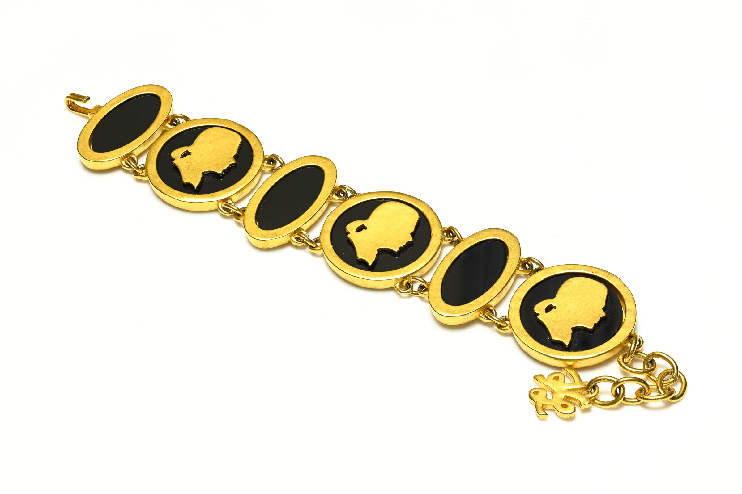 Vintage Karl Lagerfeld Gold Plated Black Resin Face Coin Bracelet 1