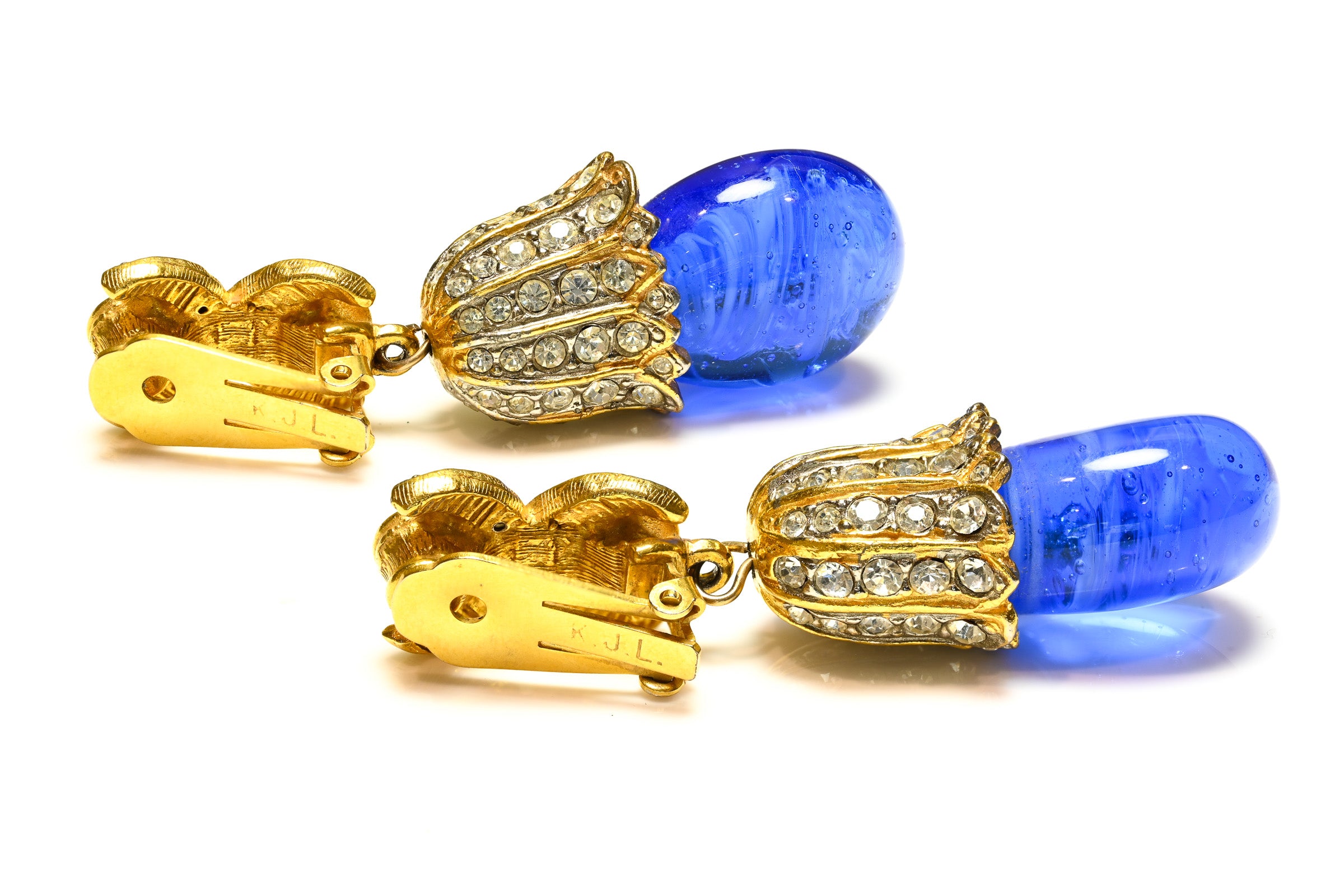 Vintage 1960's Kenneth Jay Lane Blue Glass Crystal Drop Earrings 2
