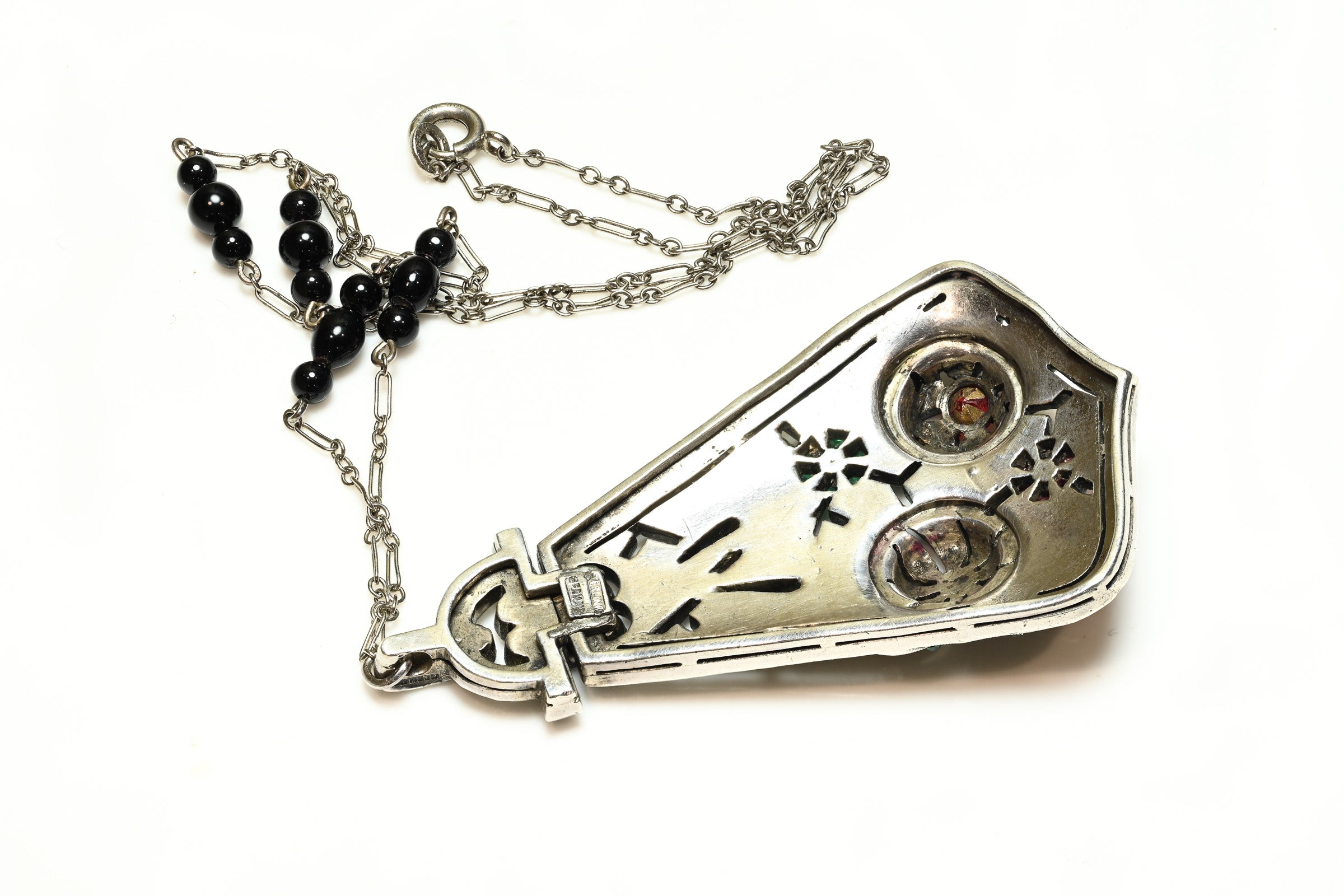 Art Deco 1920's Silver Flower Crystal Pendant Necklace 2