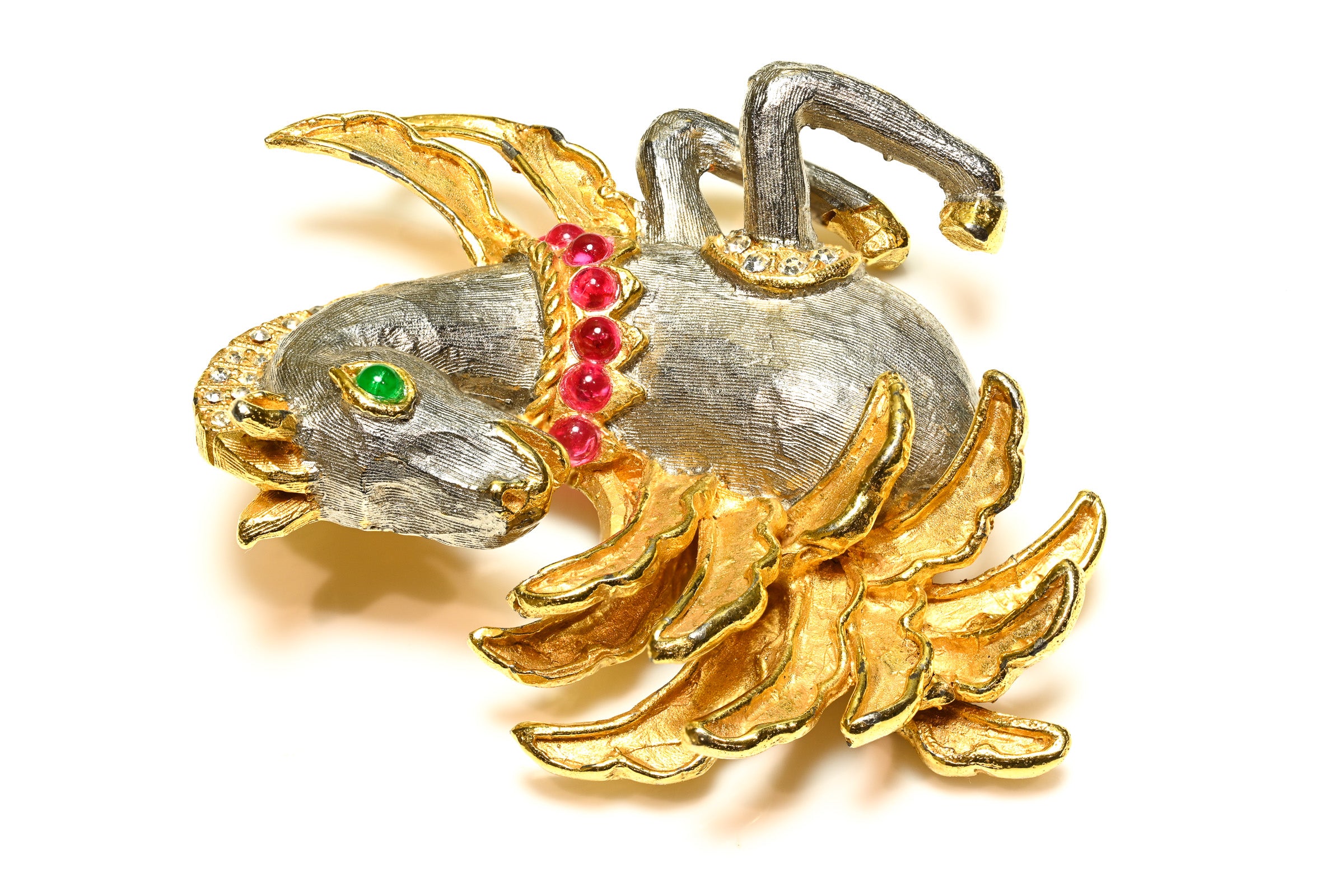 Vintage 1960's Kenneth Jay Lane Green Red Glass Pegasus Horse Brooch 1