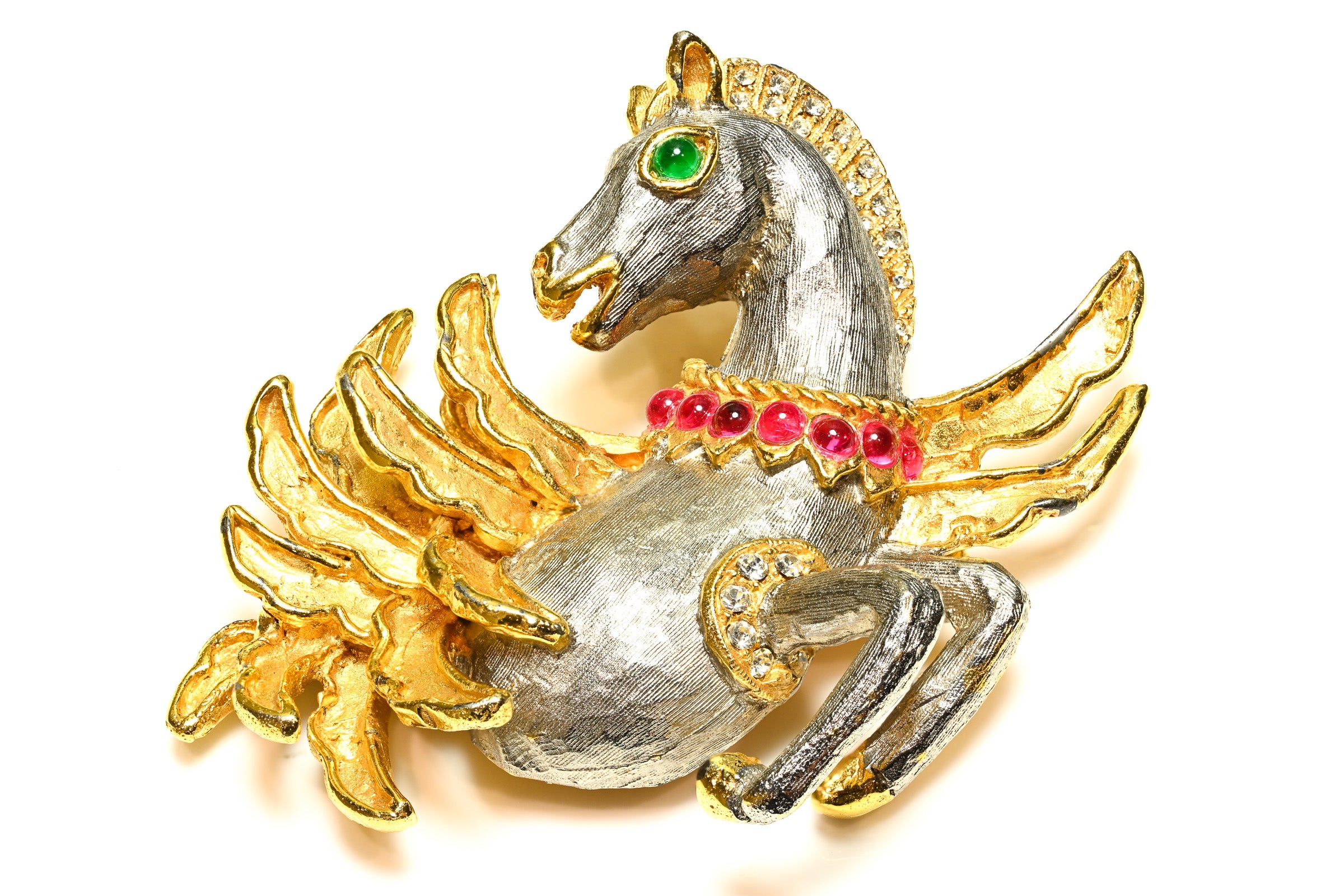 Vintage 1960's Kenneth Jay Lane Green Red Glass Pegasus Horse Brooch