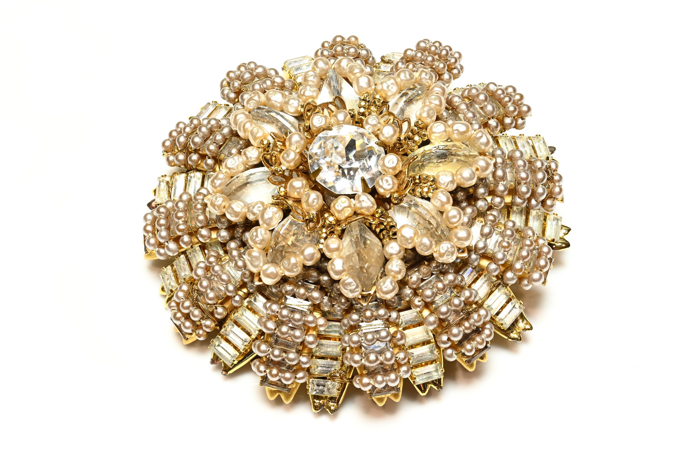 Vintage Miriam Haskell Pearl Crystal Large Flower Brooch