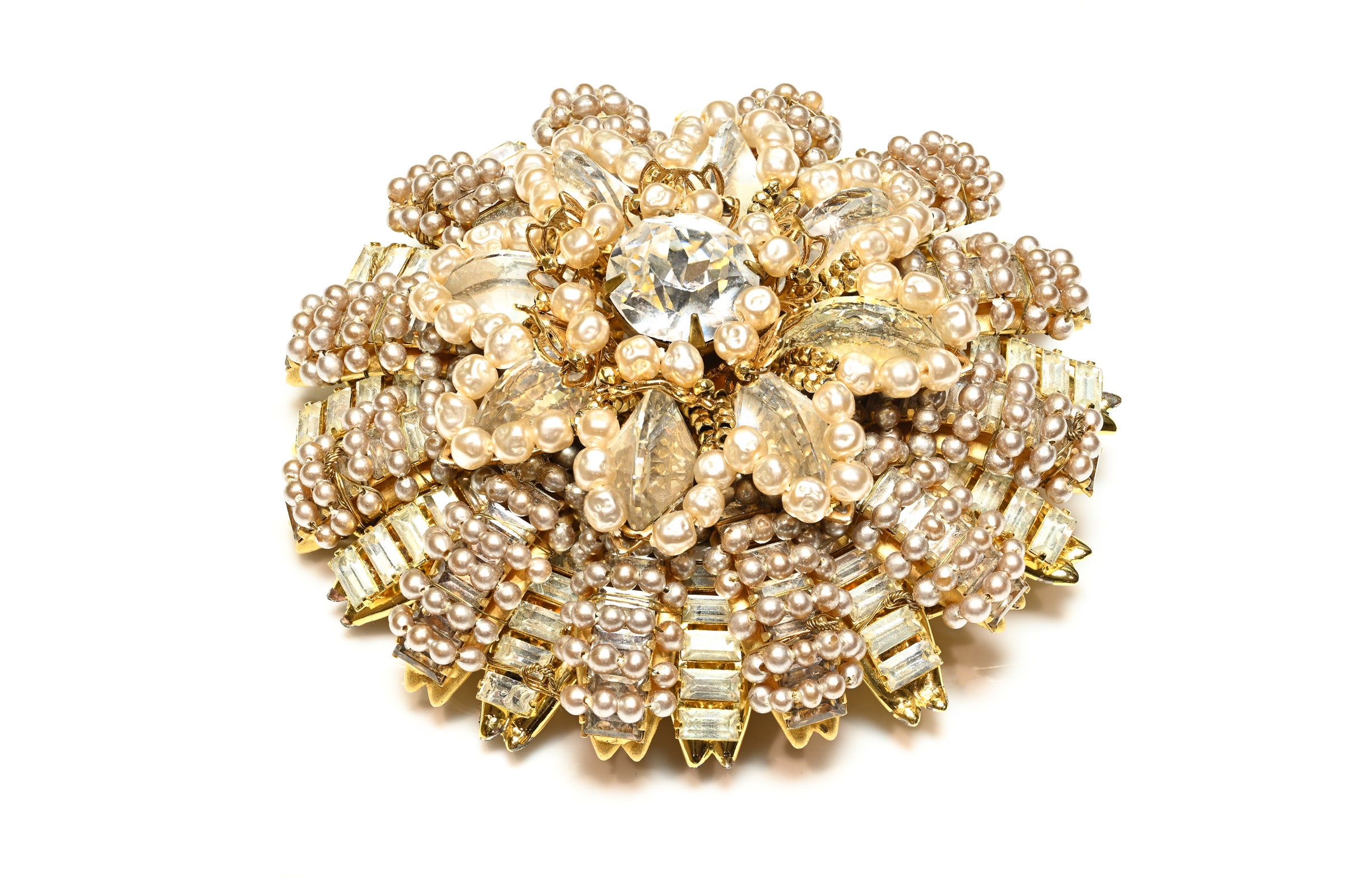 Vintage Miriam Haskell Pearl Crystal Large Flower Brooch 1