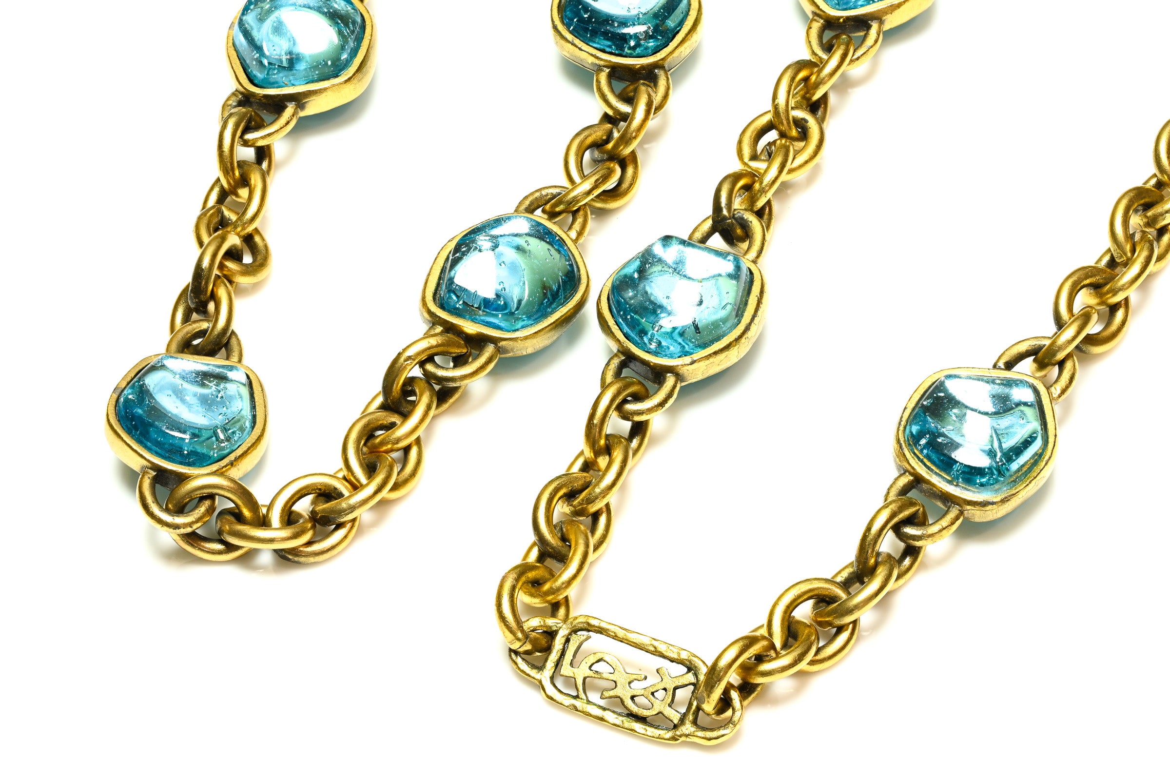Vintage Yves Saint Lauren Blue Cabochon Chain Sautoir Necklace 2