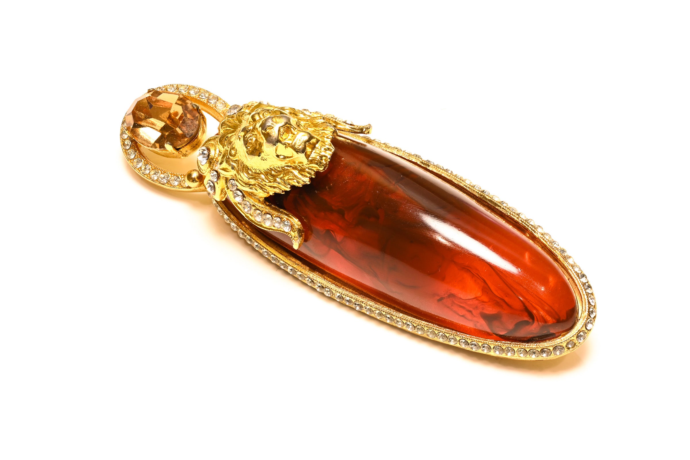 Vintage 1990's Gianfranco Ferre Brown Lucite Lion Crystal Brooch