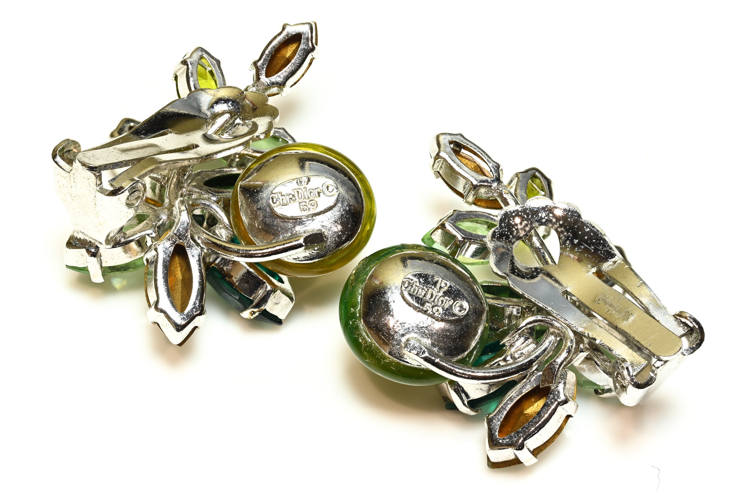 Vintage Christian Dior Paris 1959 Green Crystal Glass Earrings 2