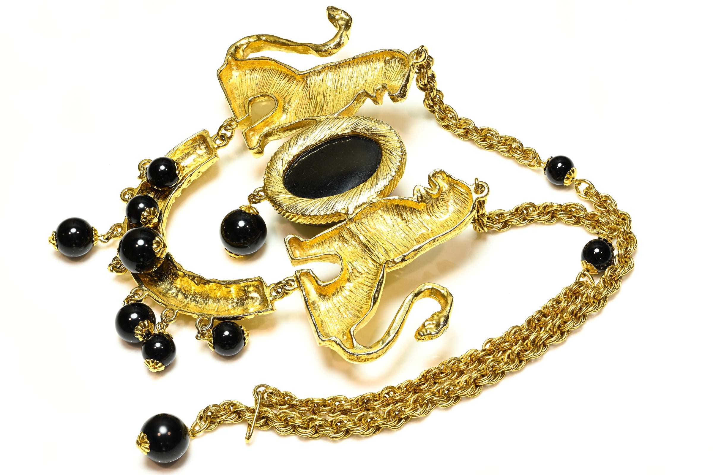 Vintage Donald Stannard Gold Plated Black Beads Lion Necklace
