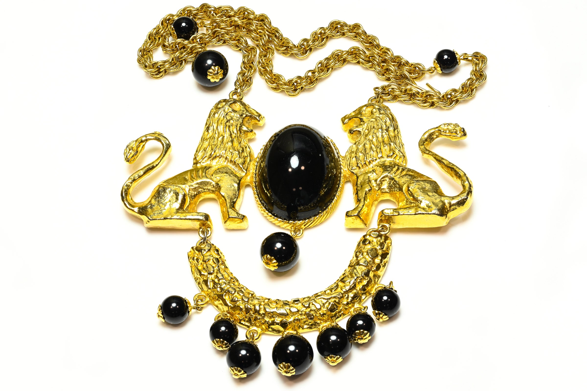 Vintage Donald Stannard Gold Plated Black Beads Lion Necklace