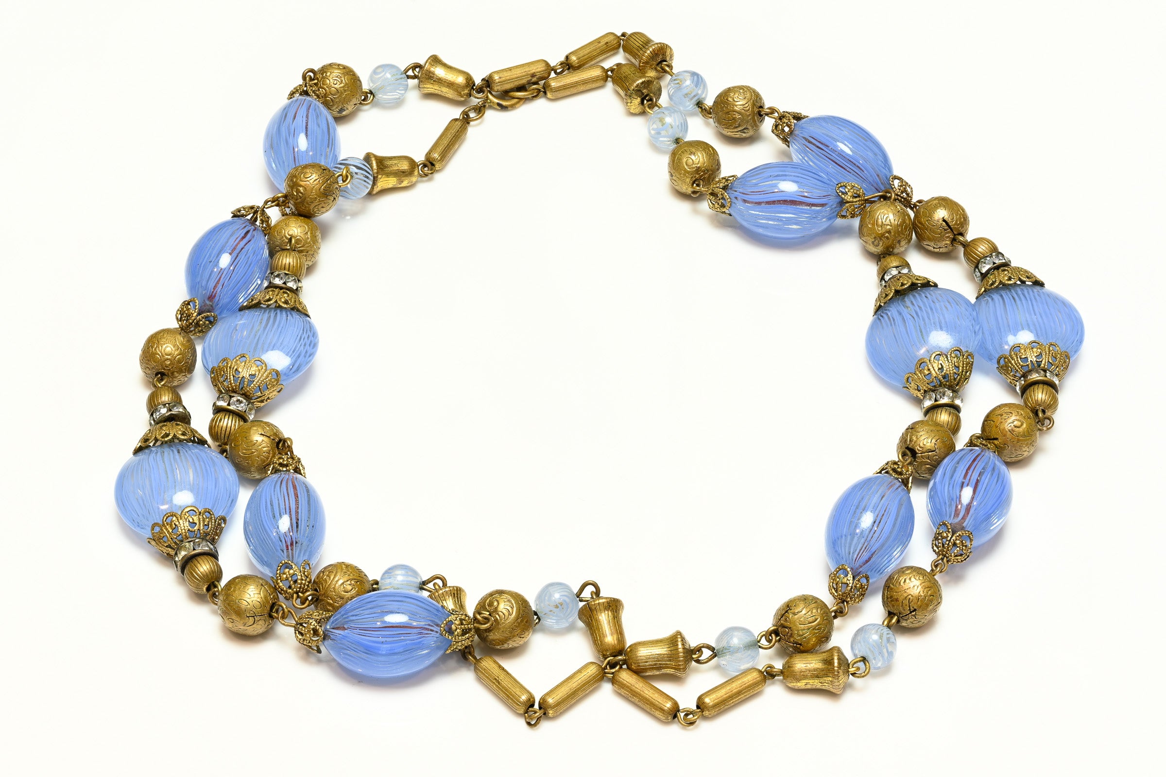Vintage 1940's Miriam Haskell Blue Glass Beads Chain Sautoir Necklace 2
