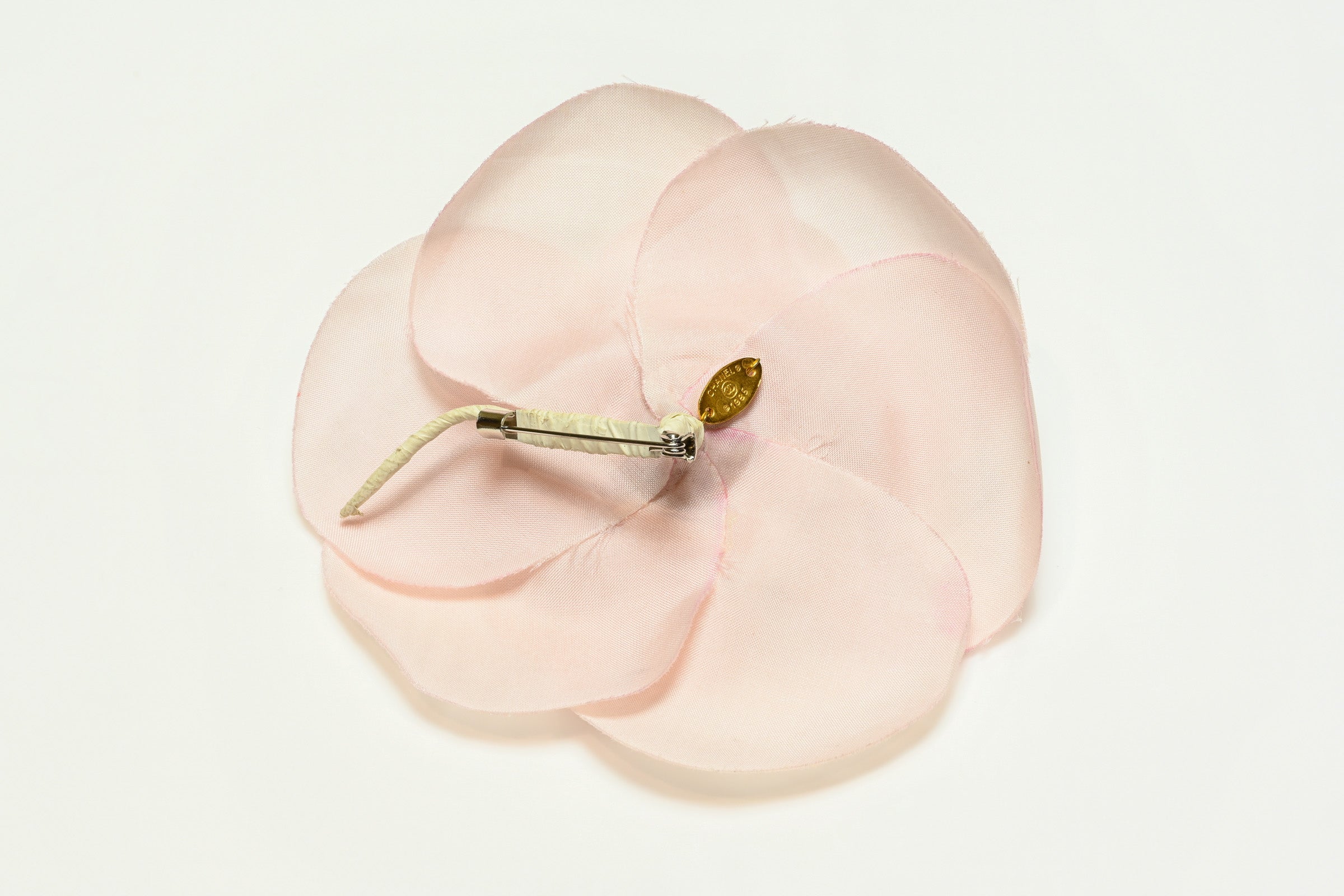 Vintage 1990's Chanel Paris Light Pink Silk Camellia Brooch 2