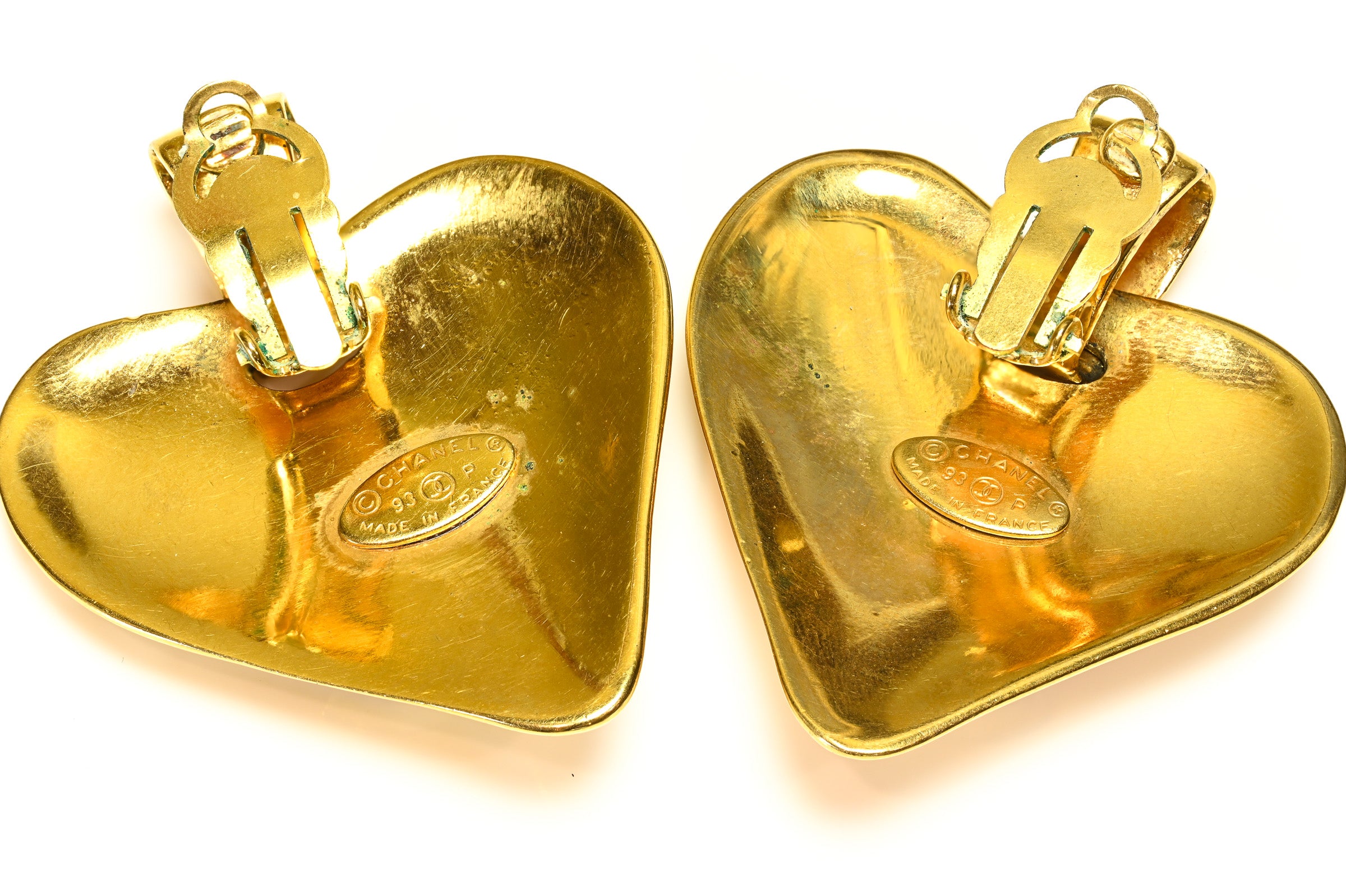 Vintage Chanel Paris Spring 1993 CC Gold Plated Heart Earrings 3
