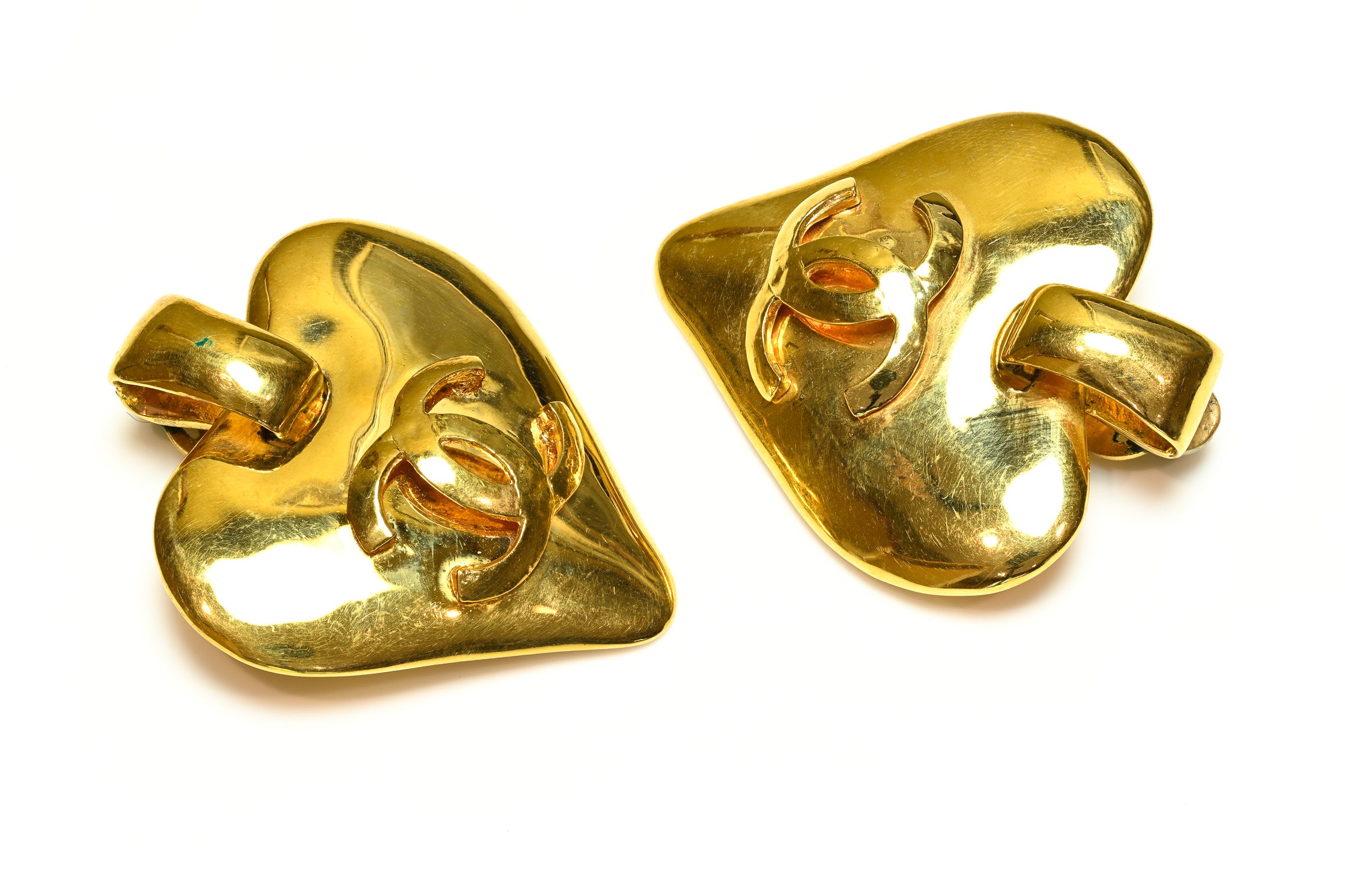 Vintage Chanel Paris Spring 1993 CC Gold Plated Heart Earrings 2