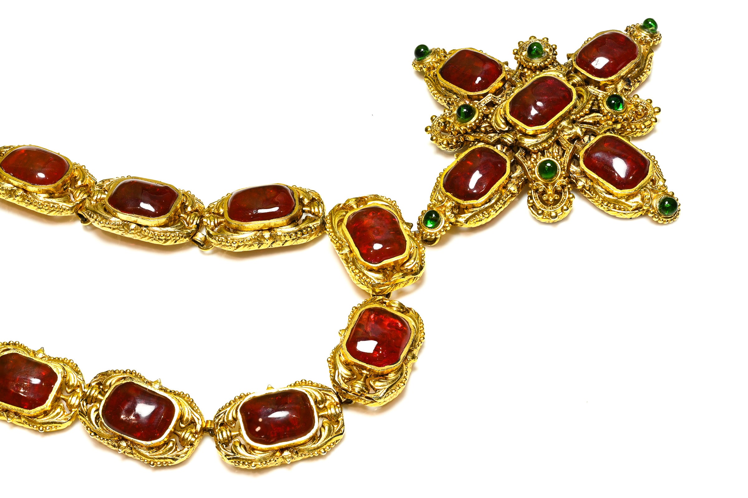 Vintage Chanel Paris Couture Maison Gripoix Red Glass Cross Necklace