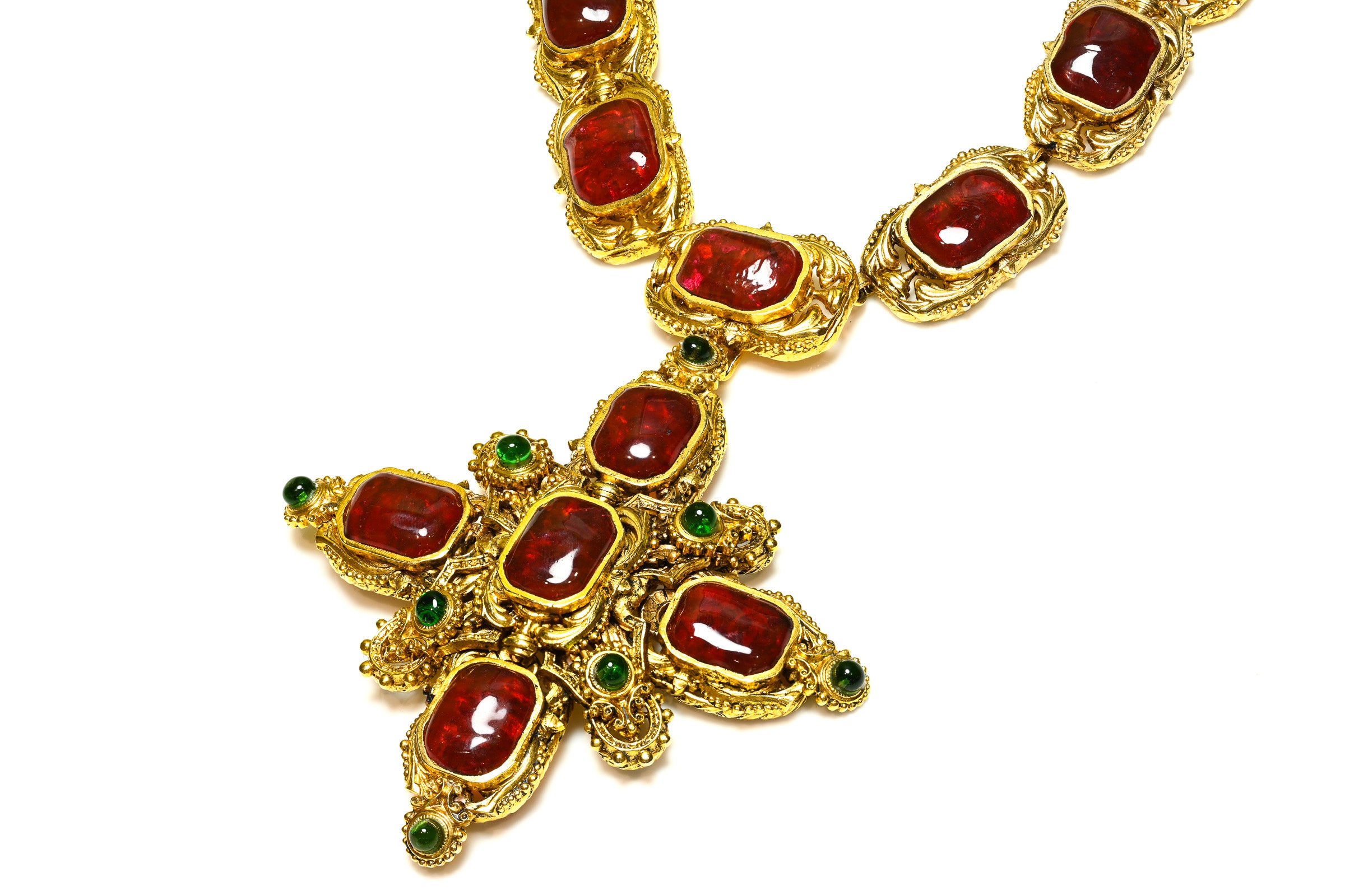 Vintage Chanel Couture Maison Gripoix Red Green Glass Cross Necklace