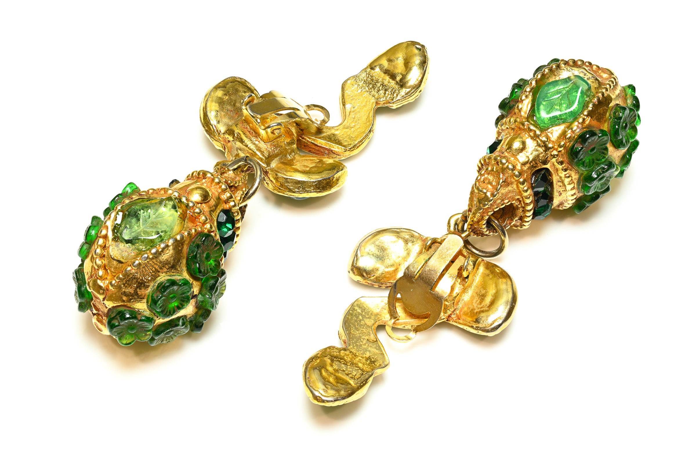 Vintage Kalinger Paris Green Crystal Leaf Drop Earrings 2