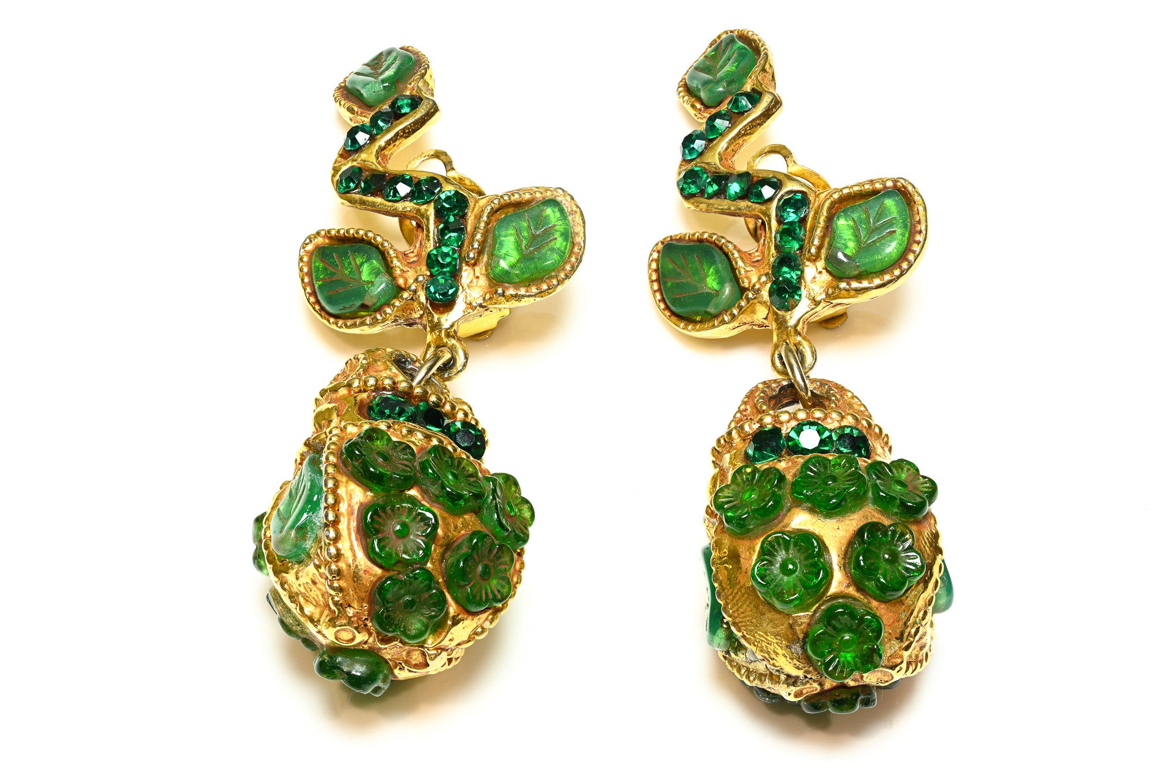 Vintage Kalinger Paris Green Crystal Leaf Drop Earrings