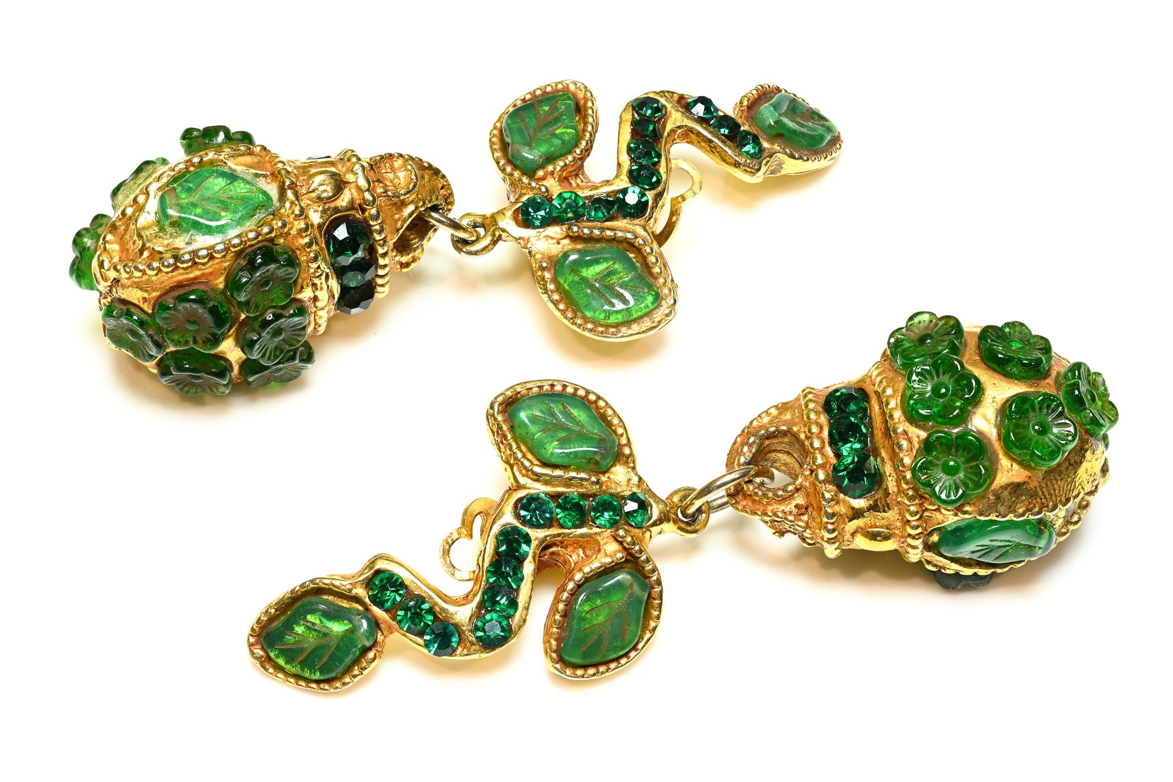 Vintage Kalinger Paris Green Crystal Leaf Drop Earrings 1