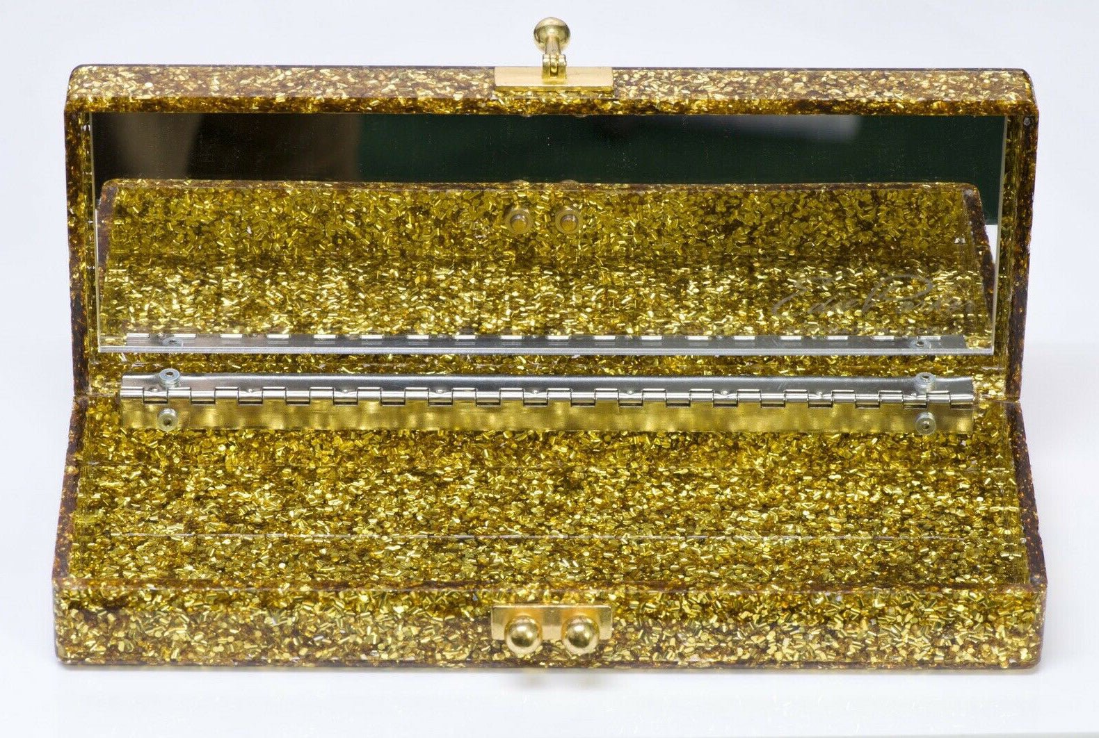Edie Parker “PLAYER” Flavia Acrylic Gold Confetti Clutch Bag