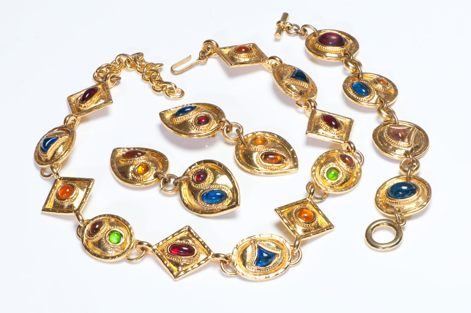 Edouard Rambaud Paris Blue Red Yellow Cabochon Necklace Earrings Bracelet Set