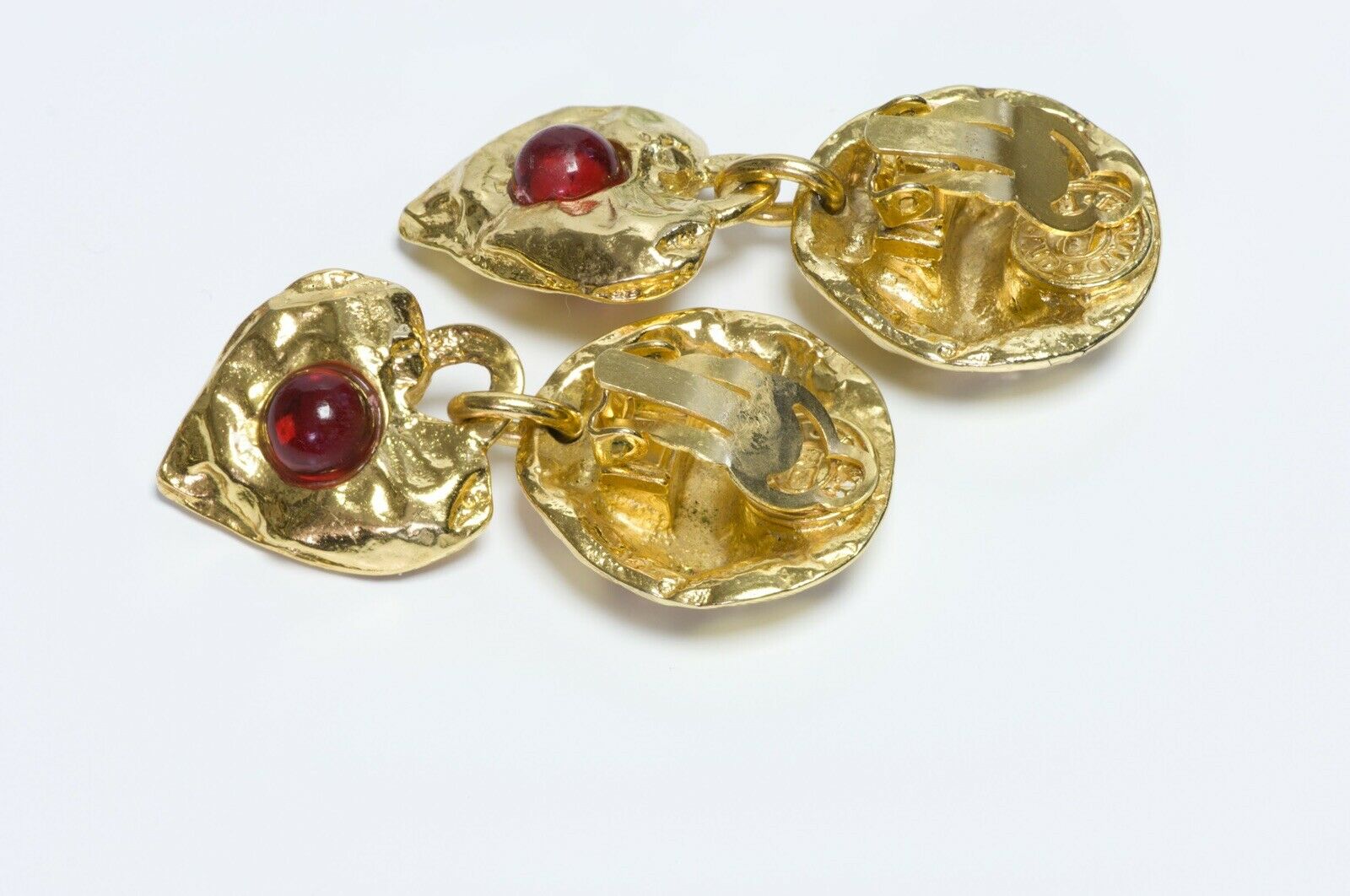 Edouard Rambaud Paris Hammered Red Cabochon Glass Heart Earrings