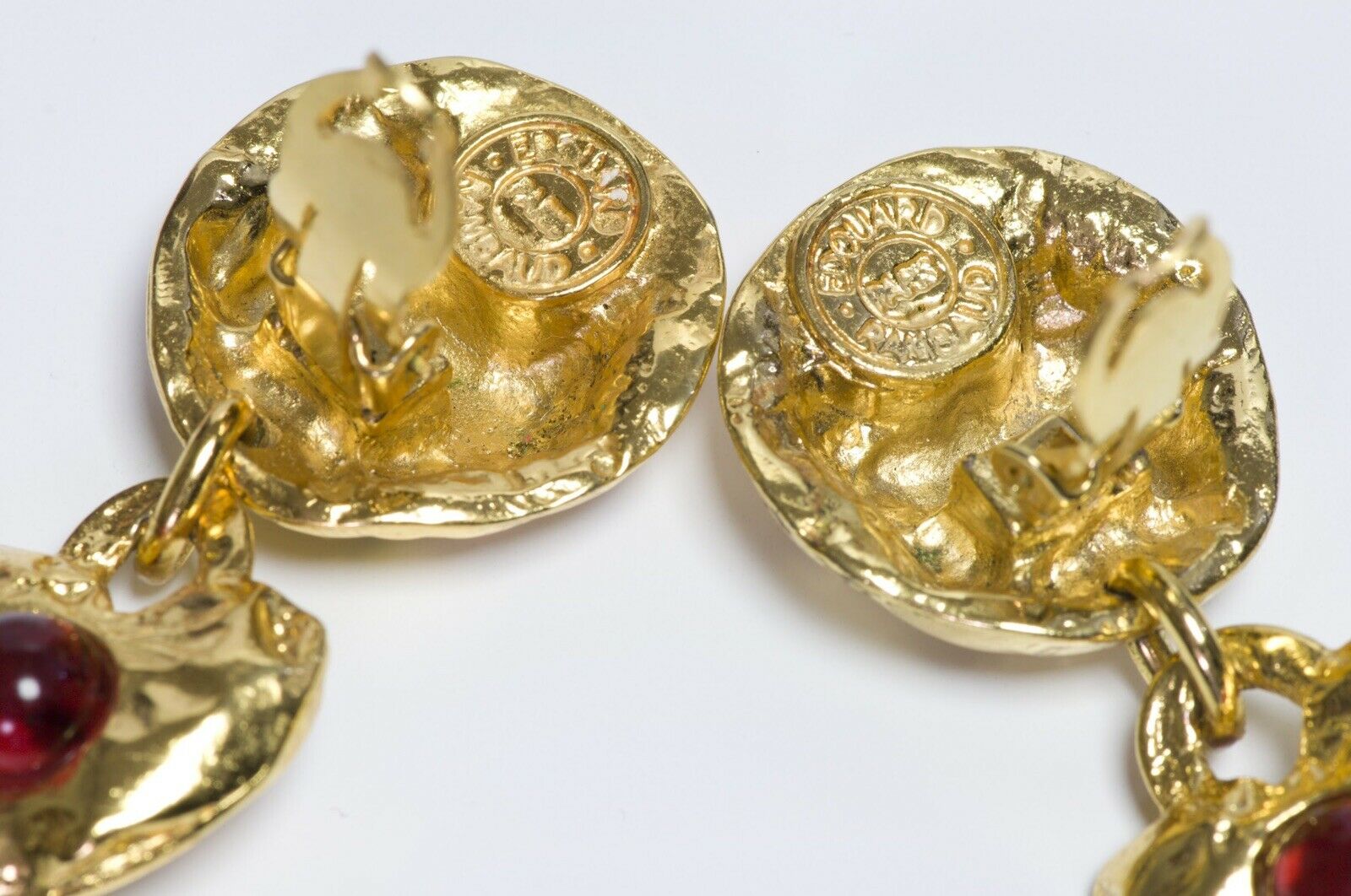 Edouard Rambaud Paris Hammered Red Cabochon Glass Heart Earrings