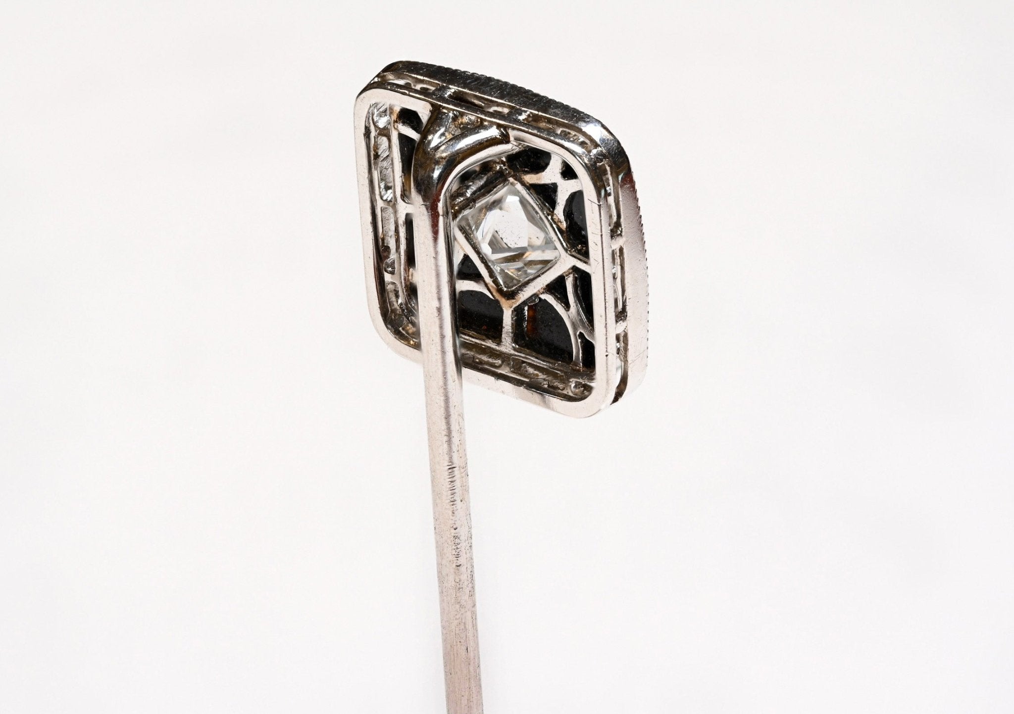Edwardian French Cut Diamond Onyx Platinum Stick Pin