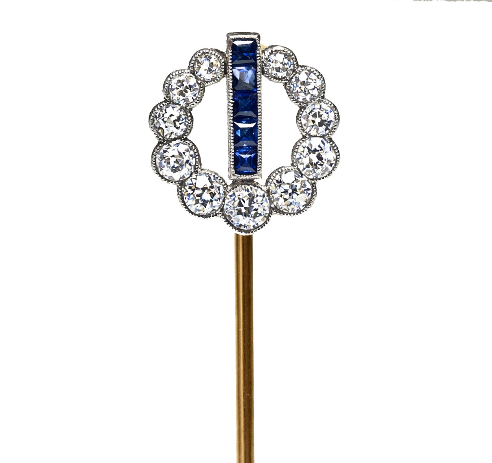 Edwardian Platinum-Set Gold Diamond and Sapphire Round Stick Pin
