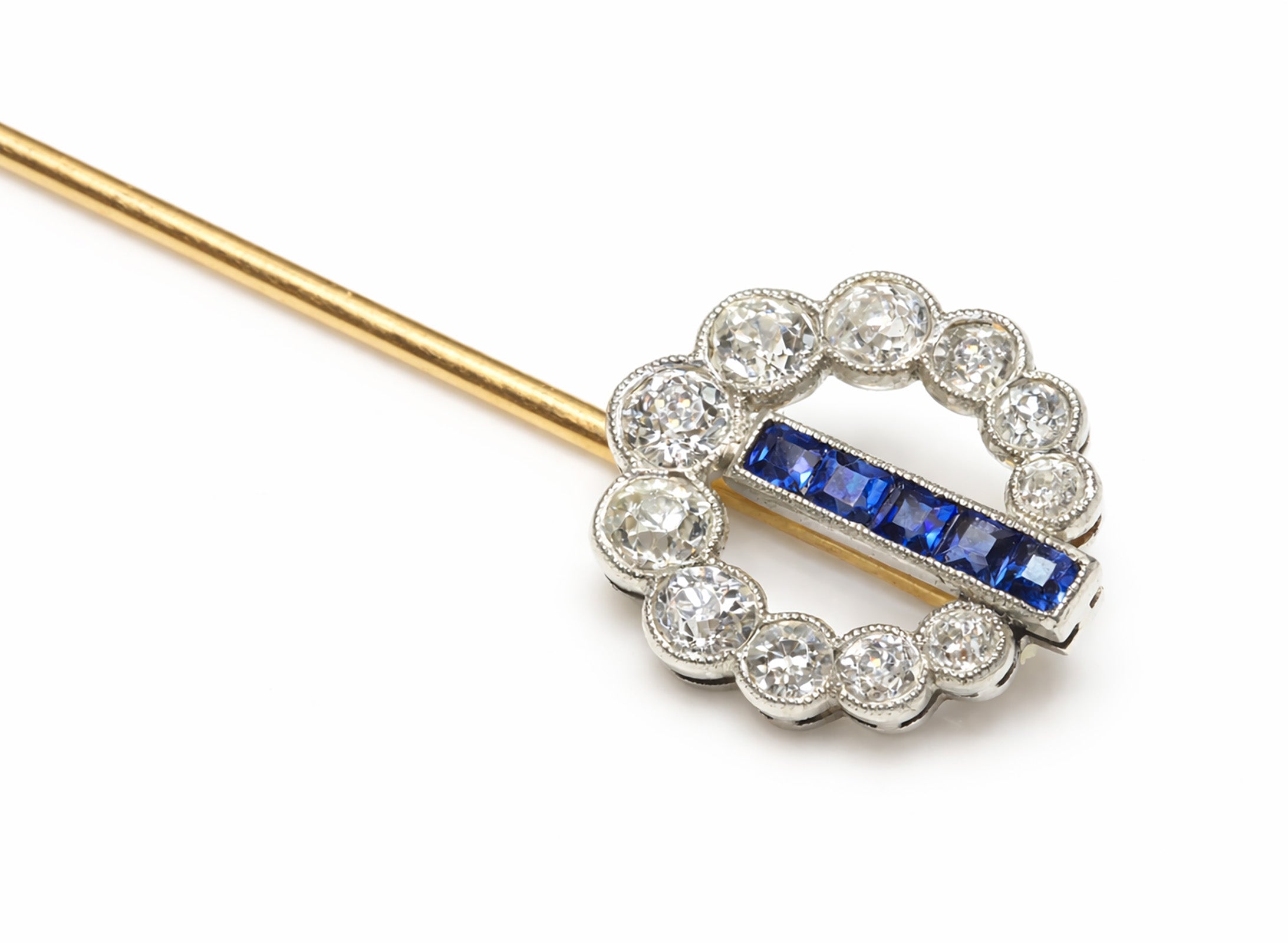 Edwardian Platinum-Set Gold Diamond Sapphire Round Stick Pin