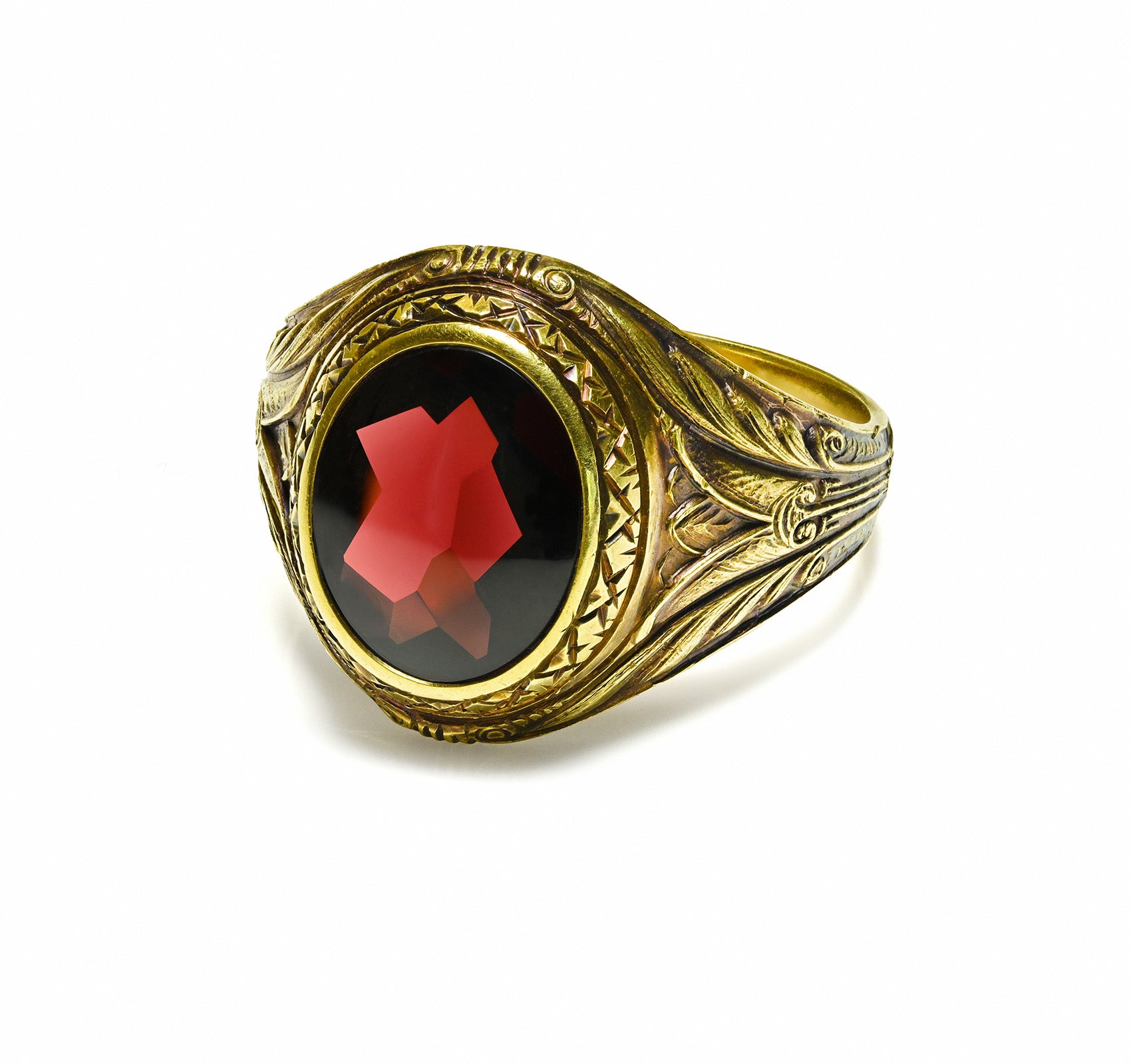 Edwardian Gold Garnet Men's Ring – Engraved