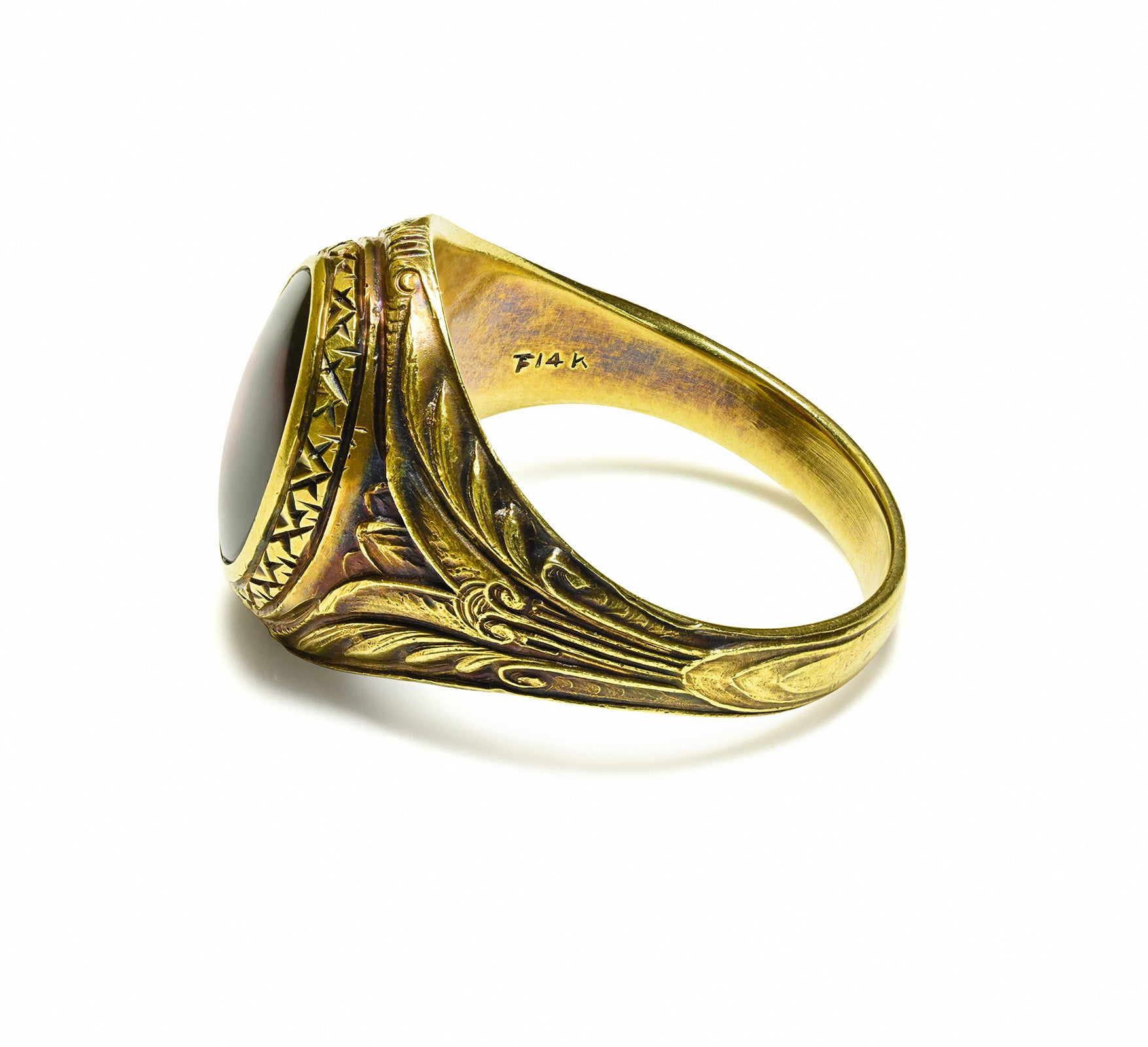 Antique Edwardian Gold Garnet Men's Ring Engraved