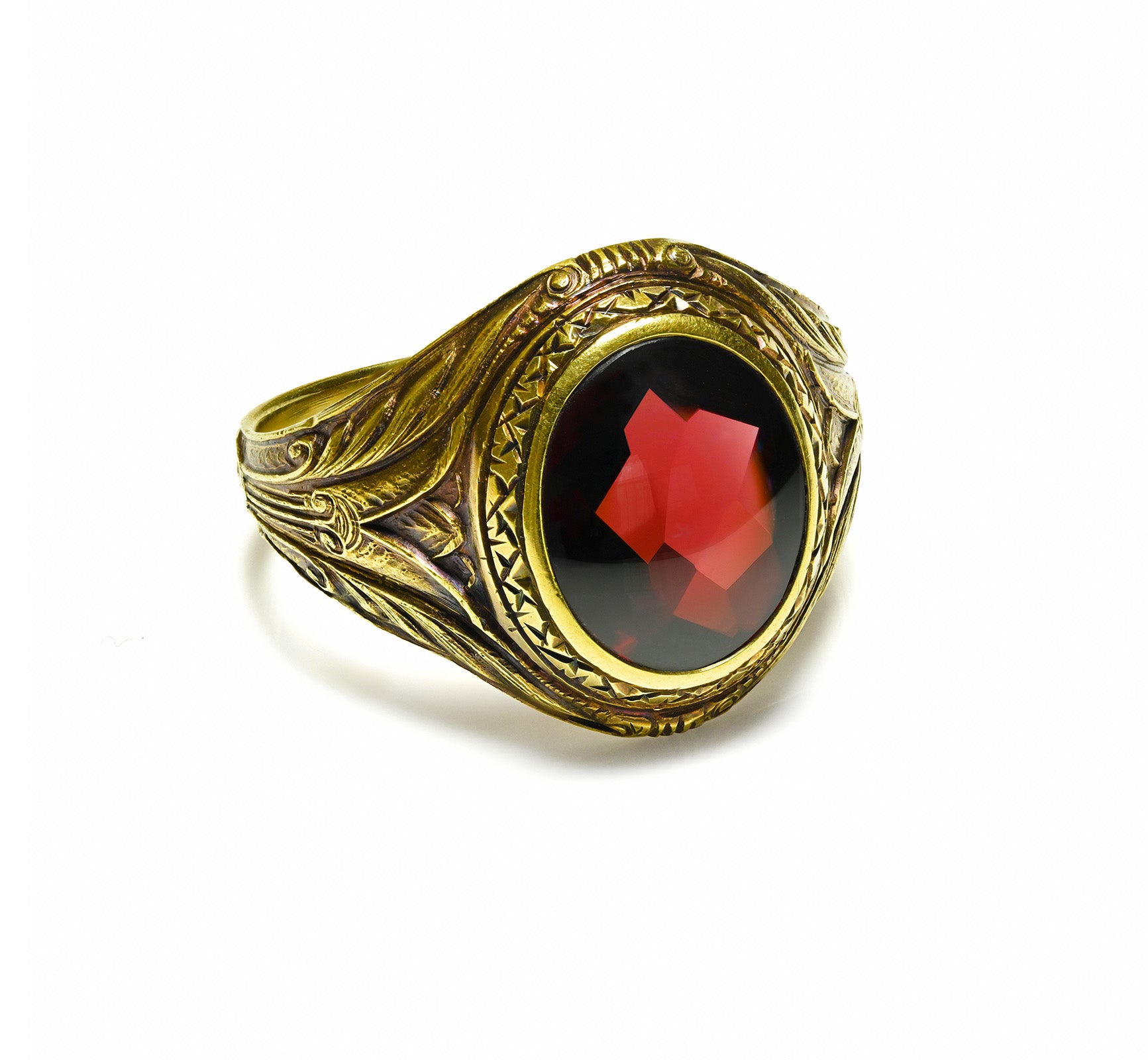 Antique Edwardian 14K Gold Garnet Men's Ring – Engraved
