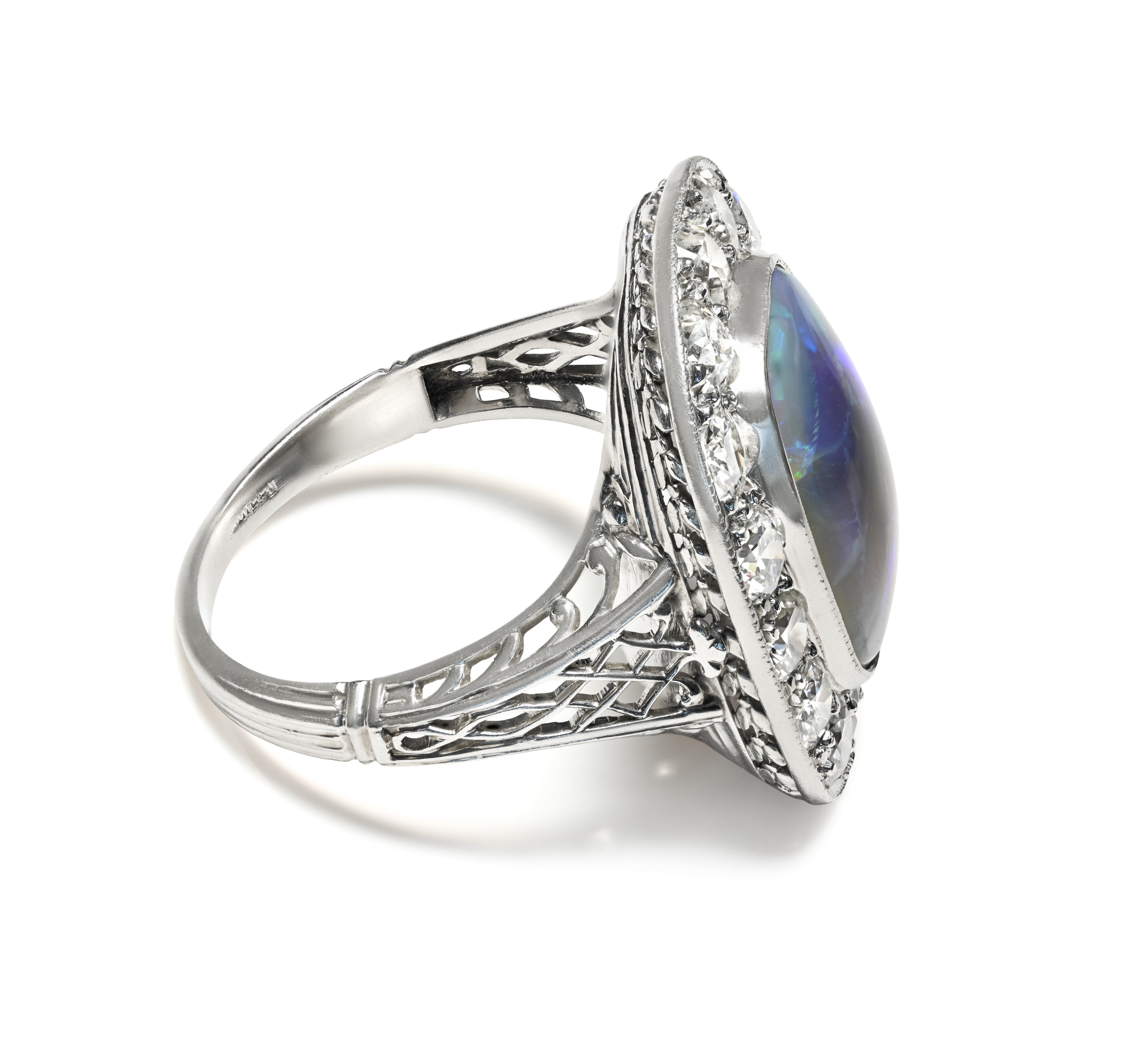 Edwardian Black Opal and Old Mine Cut Diamond Platinum Ring