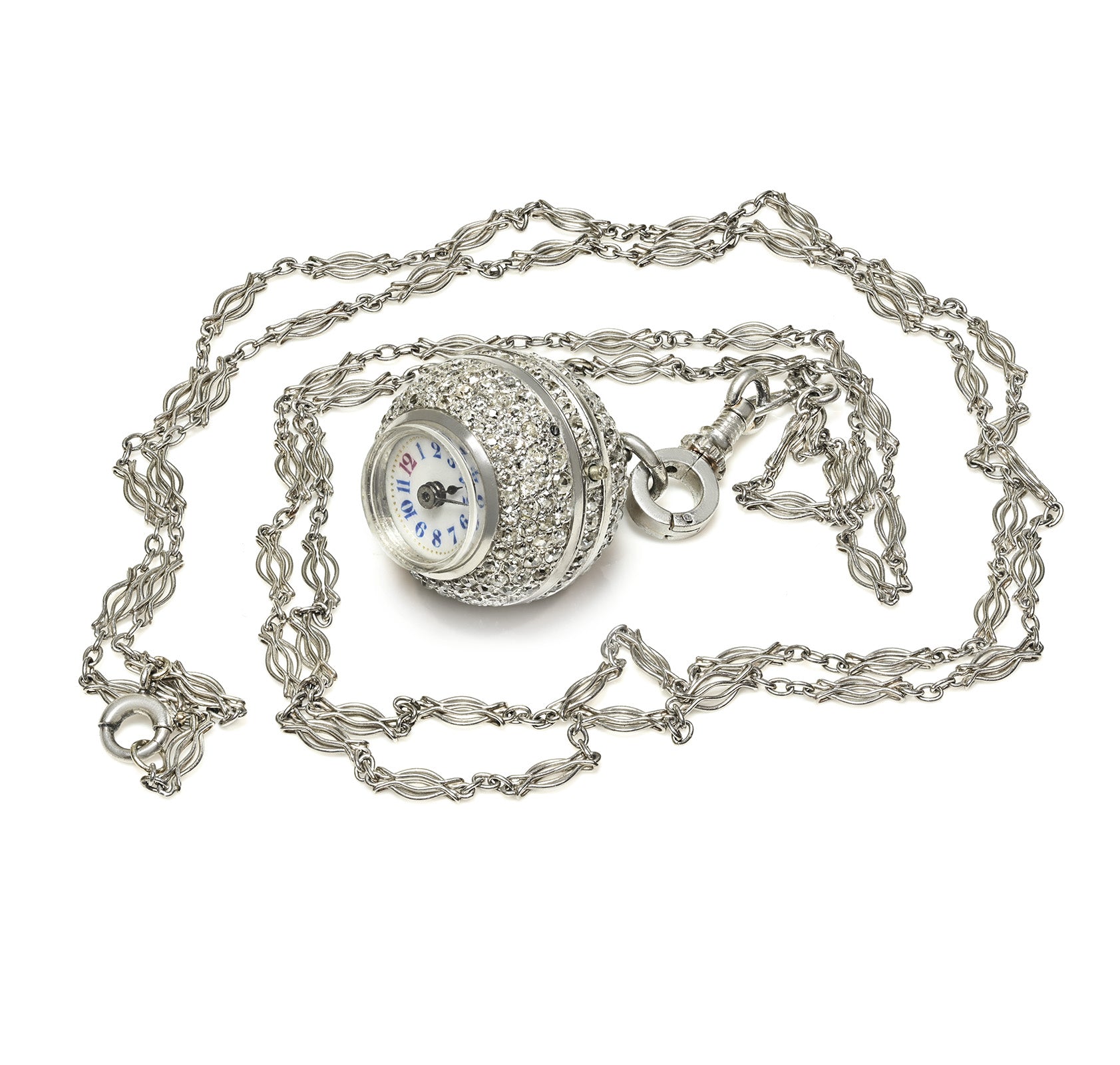 Antique Edwardian Platinum Old Mine Cut Diamond Ball Pendant Watch Chain