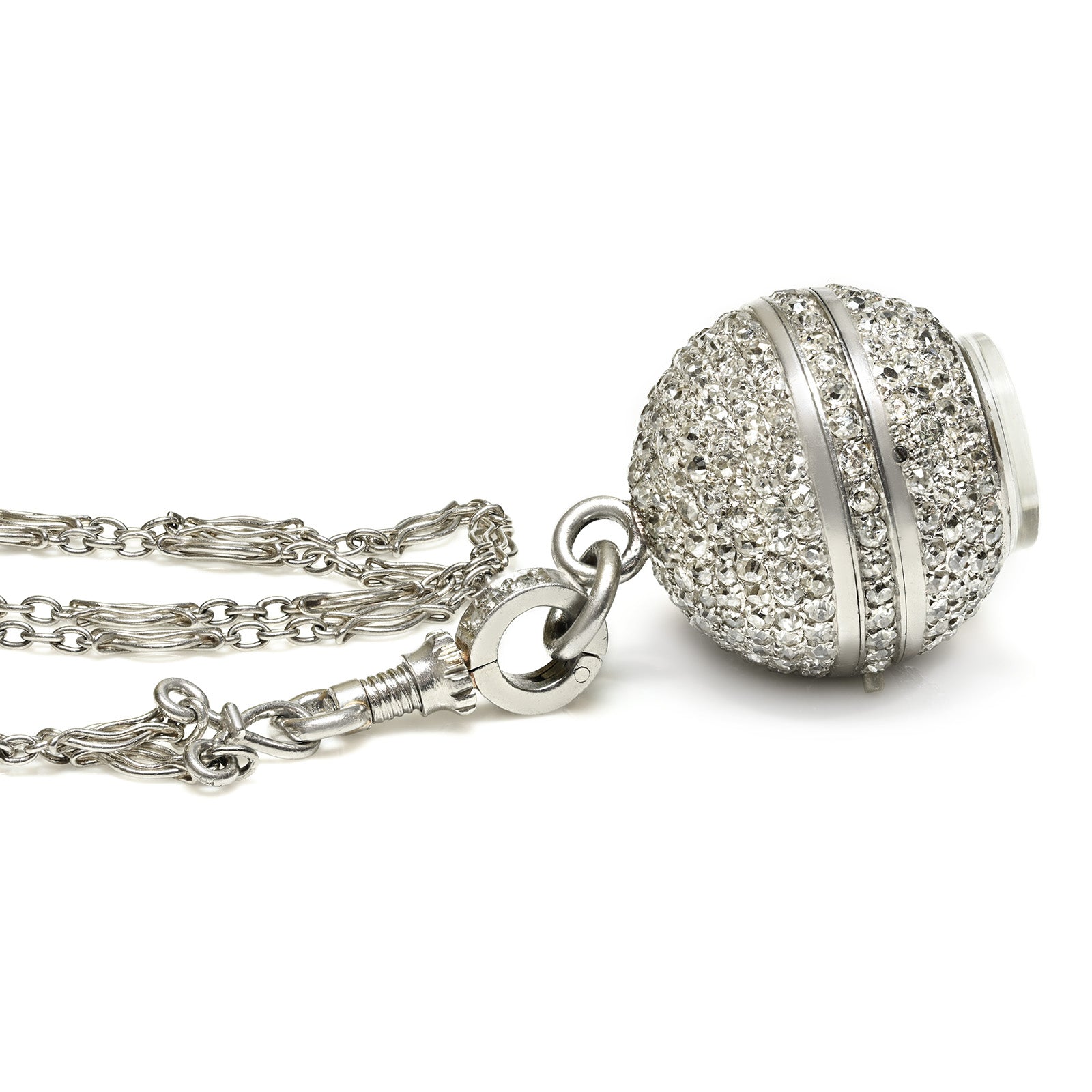 Antique Edwardian Platinum Old Mine Cut Diamond Ball Pendant Watch with Chain