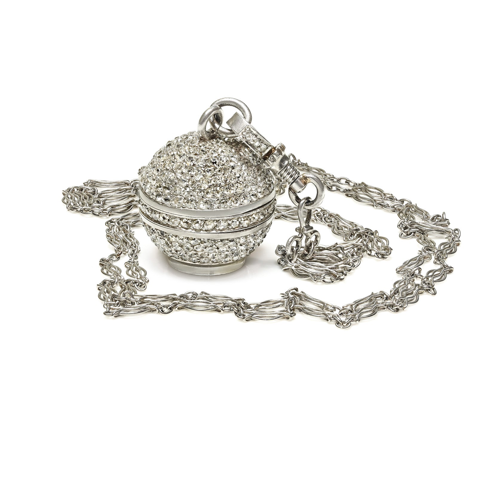 Antique Edwardian Platinum Mine Cut Diamond Ball Pendant Watch Chain