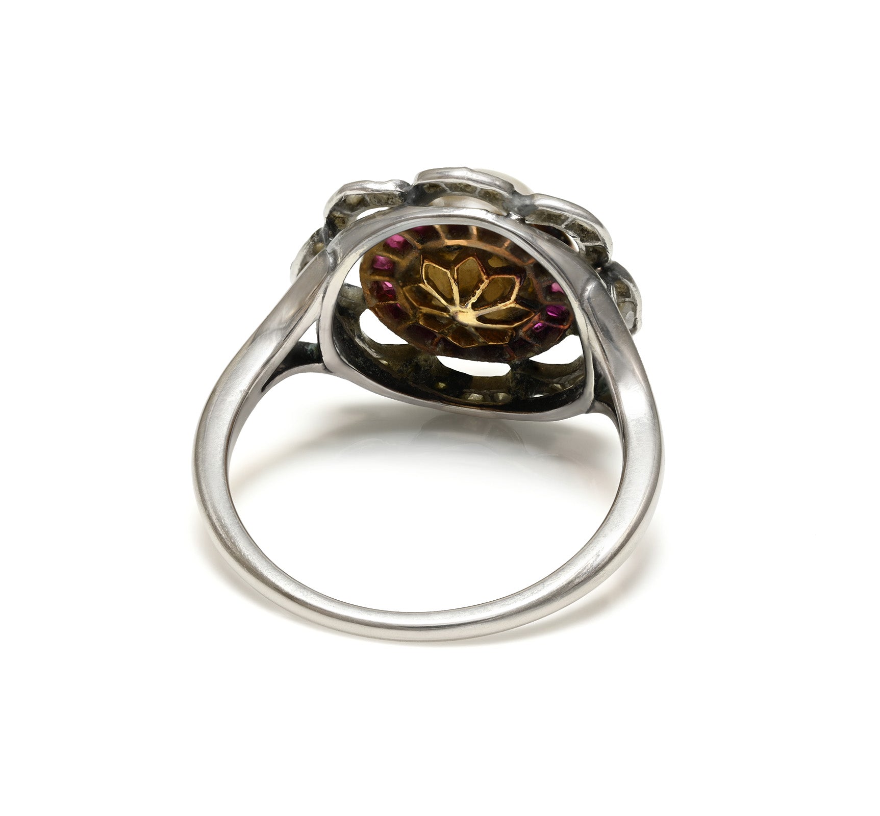 Antique Edwardian Natural Pearl, Ruby and Diamond 18K Gold and Platinum Ring