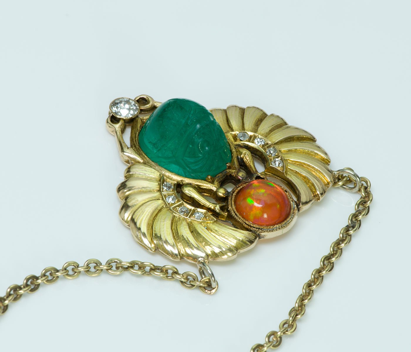 Egyptian Revival Carved Emerald Scarab Fire Opal Diamond Gold Necklace