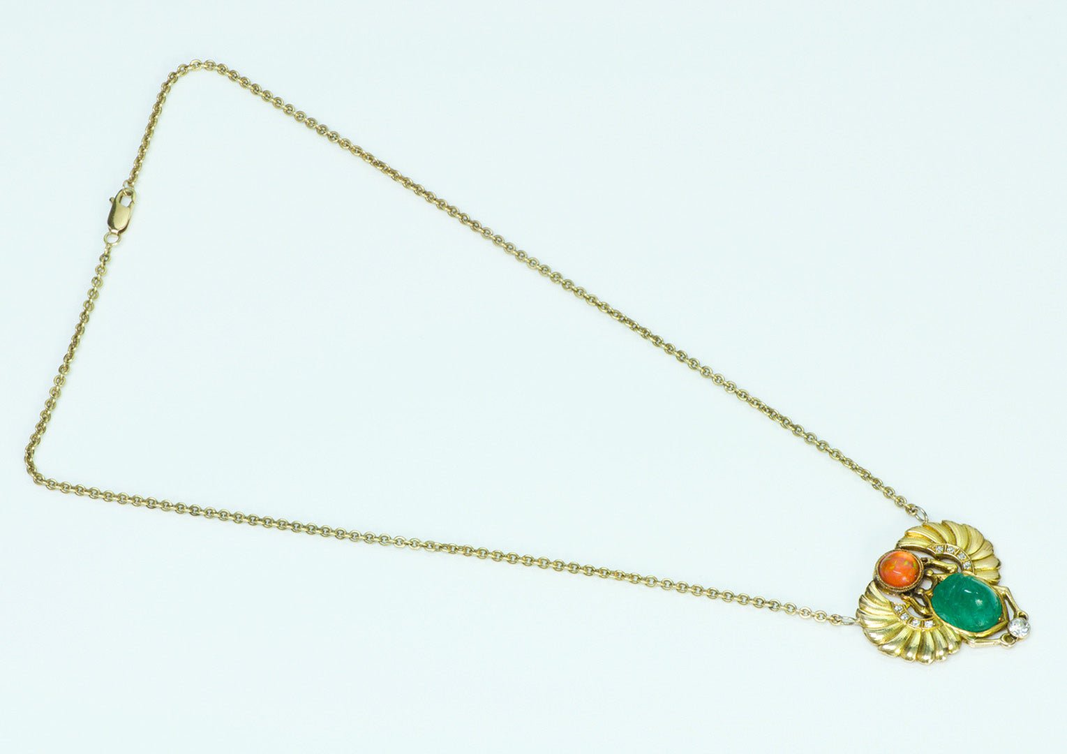 Egyptian Revival Carved Emerald Scarab Fire Opal Diamond Gold Necklace