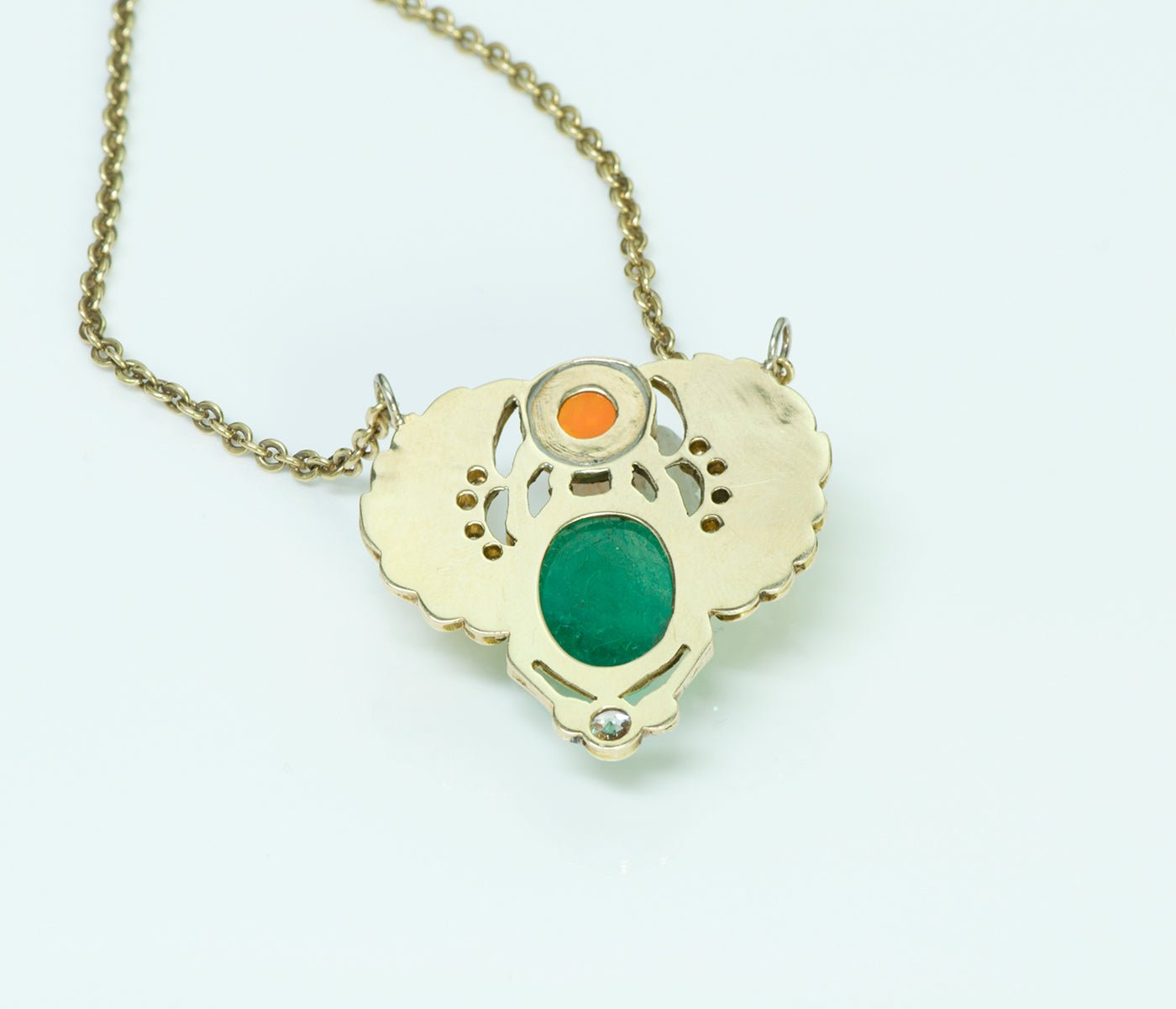 Egyptian Revival Carved Emerald Scarab Fire Opal Diamond Gold Necklace