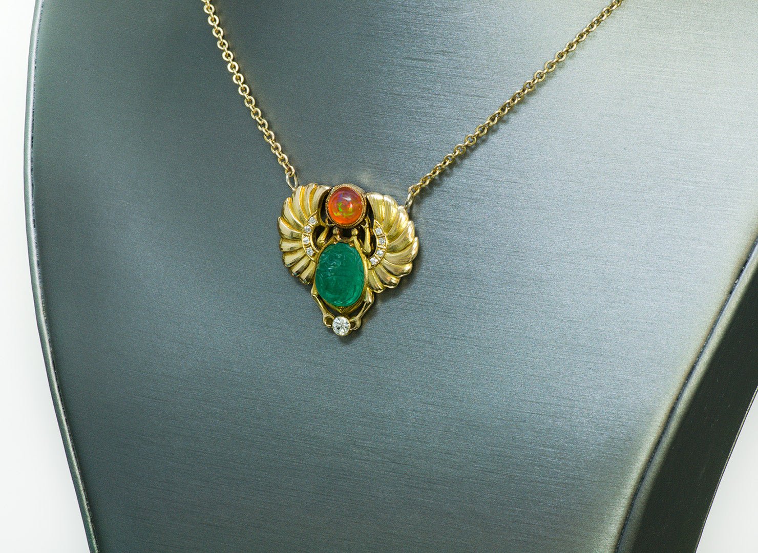 Egyptian Revival Carved Emerald Scarab Fire Opal Diamond Gold Necklace