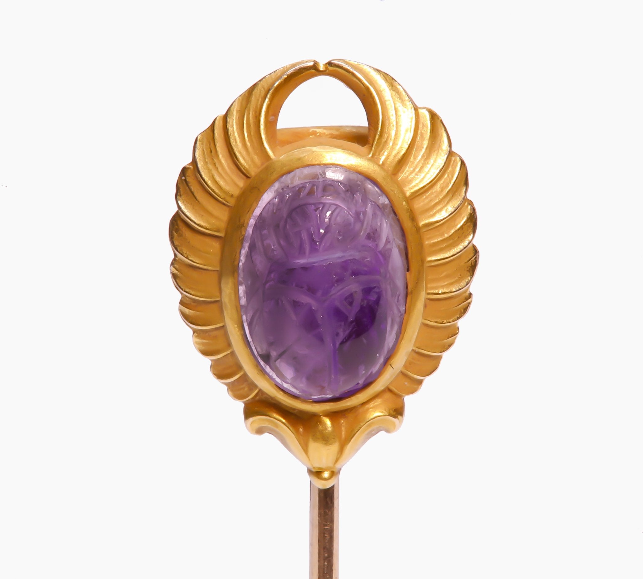 Egyptian Revival Gold Carved Amethyst Scarab Stick Pin