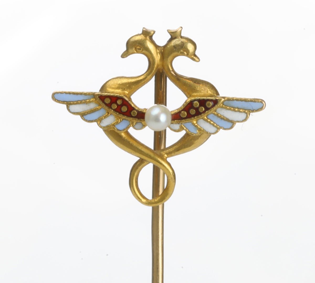 Egyptian Revival Gold Enamel Pearl Peacock Stick Pin