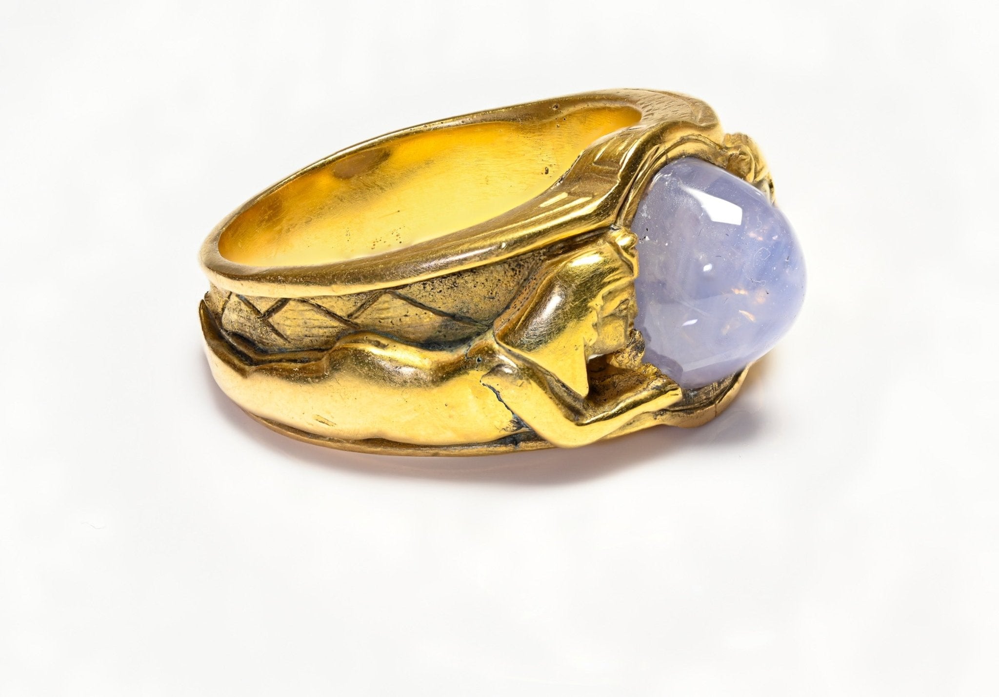 Egyptian Revival Gold Star Sapphire Men's Ring - DSF Antique Jewelry