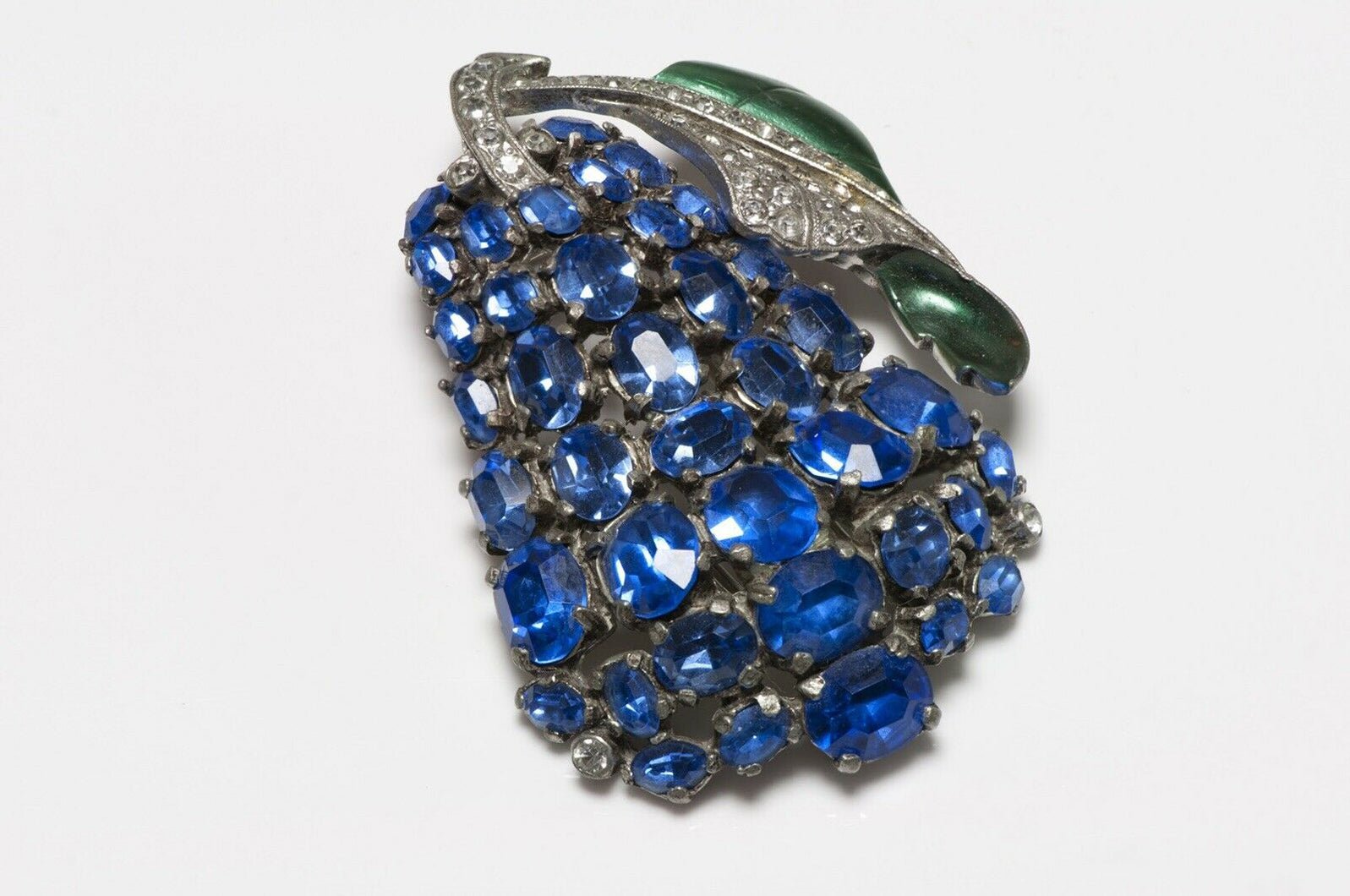 EISENBERG Original 1940’s Blue Crystal Green Enamel Pear Fruit Brooch