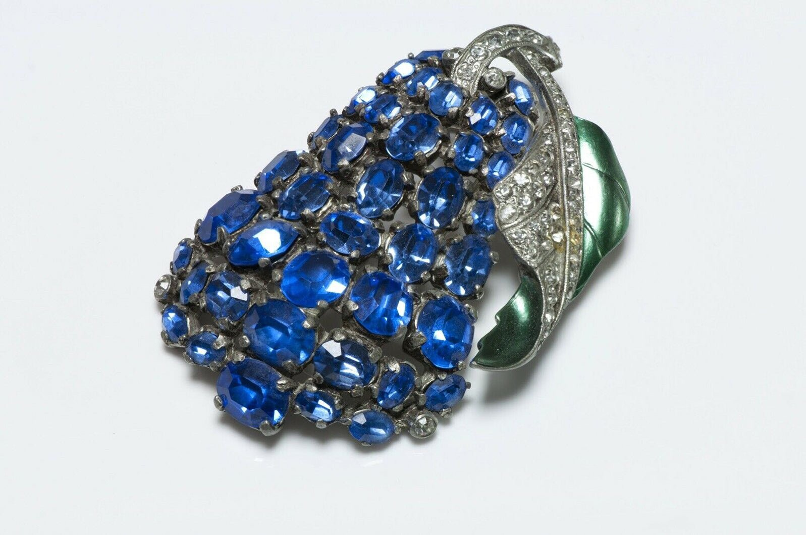 EISENBERG Original 1940’s Blue Crystal Green Enamel Pear Fruit Brooch