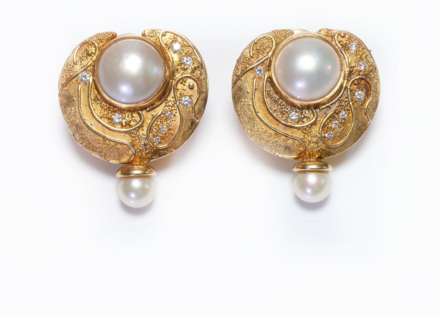Elizabeth Gage 18K Yellow Gold Diamond Pearl Earrings
