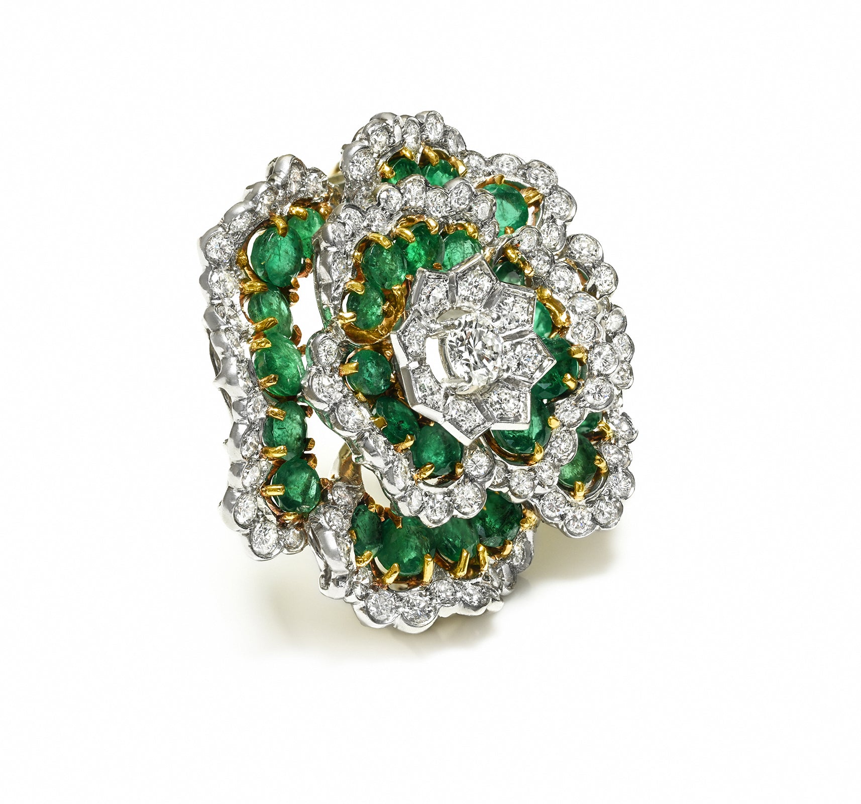 Emerald Diamond Flower Clip Brooch in 18K Gold Camellia