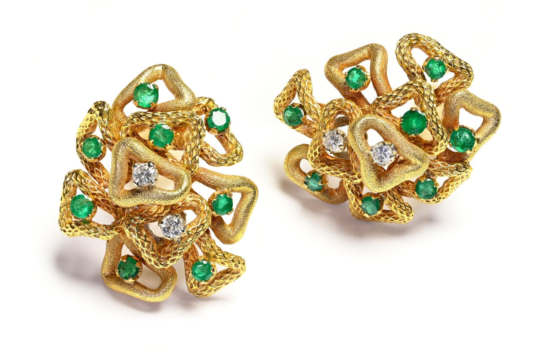 Emerald Diamond Textured 18K Gold Earrings