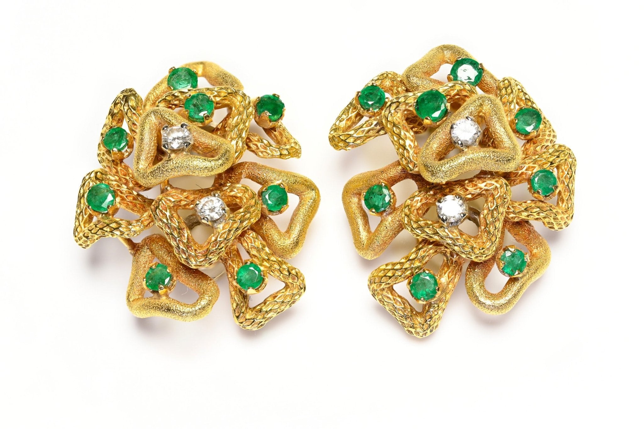 Emerald Diamond Textured 18K Gold Earrings