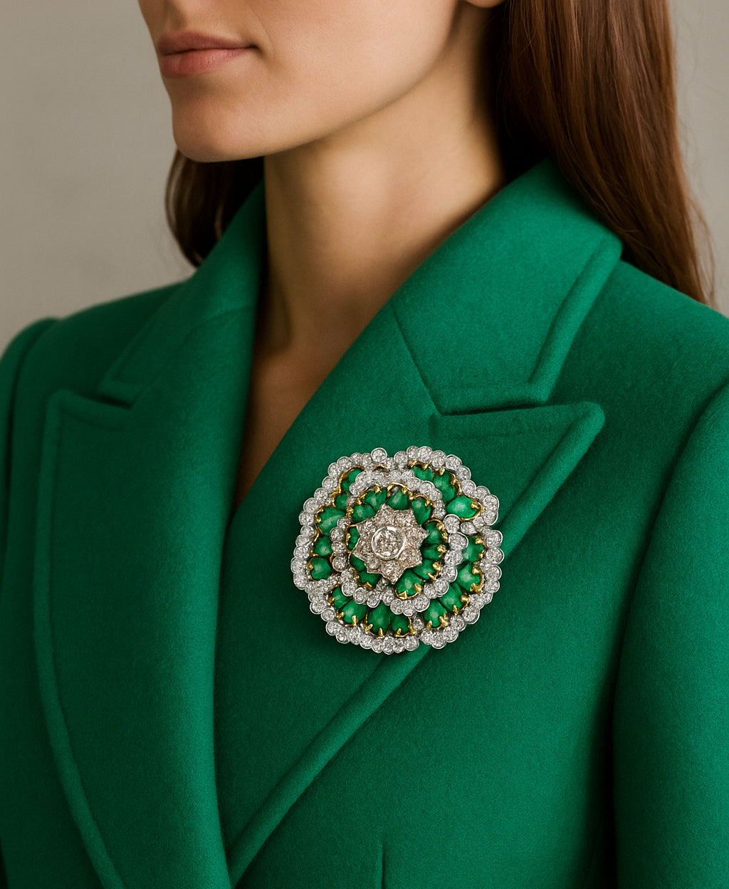 Emerald Diamond Brooch 18K Gold